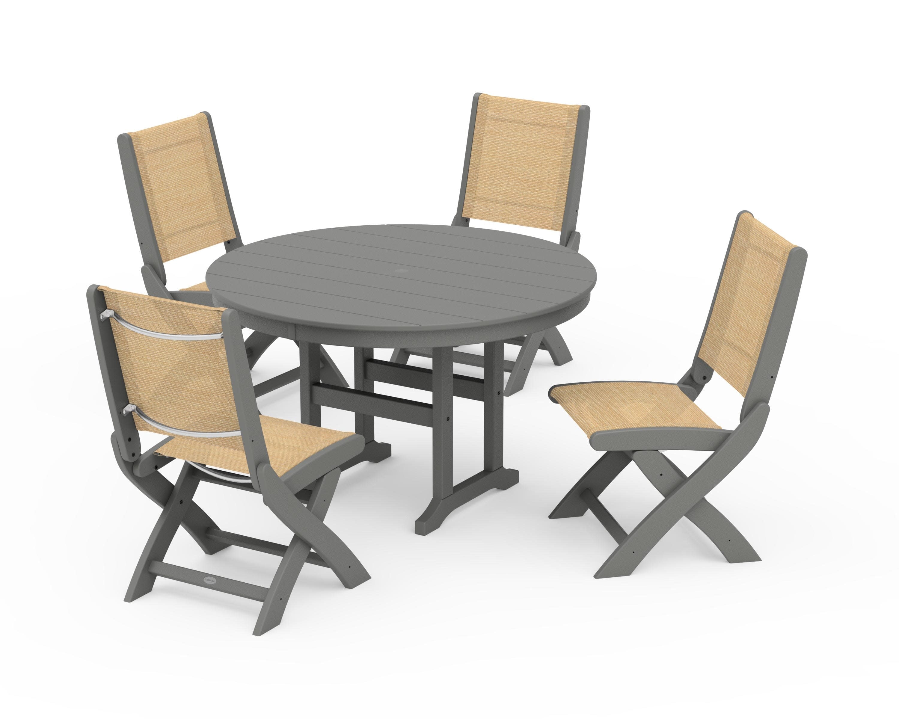 Coastal Folding Side Chair 5-Piece Round Dining Set in Slate Grey / Dupioni Apricot Sling