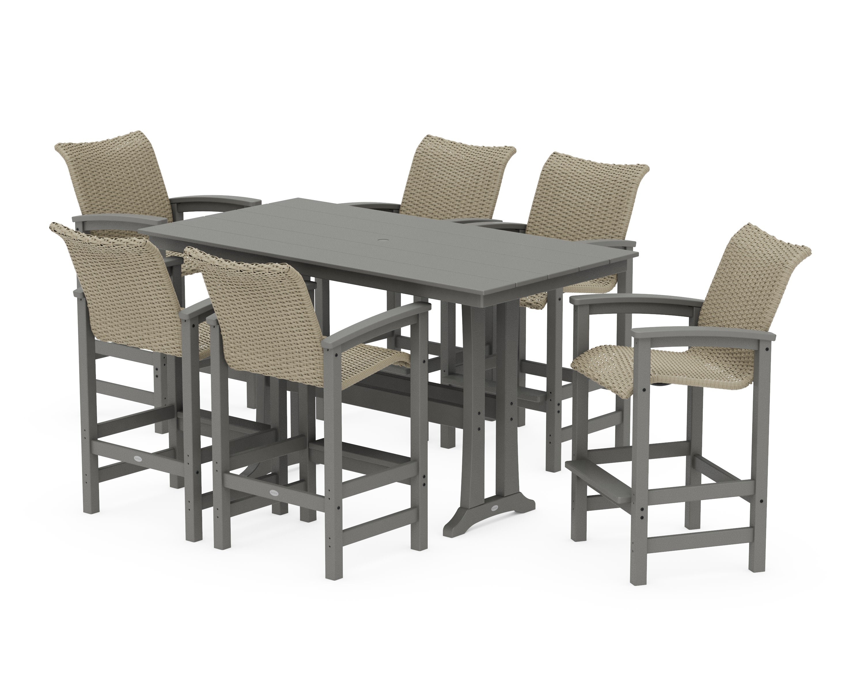 Coastal Woven Arm Chair 7-Piece Farmhouse Bar Set with Trestle Legs in Slate Grey / Dune Grass