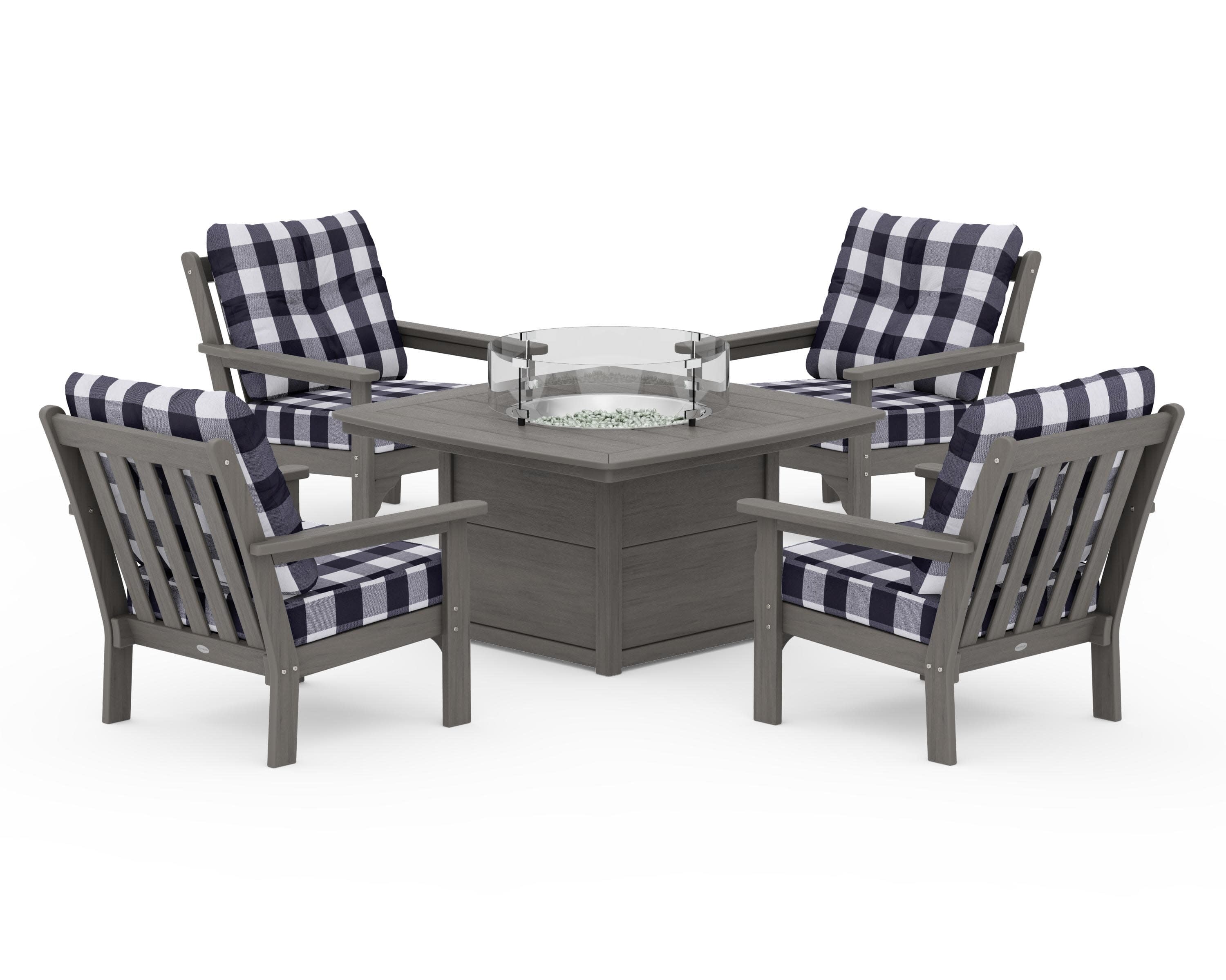 Vineyard 5-Piece Conversation Set with Fire Pit Table in Driftwood / Buffalo Plaid Navy