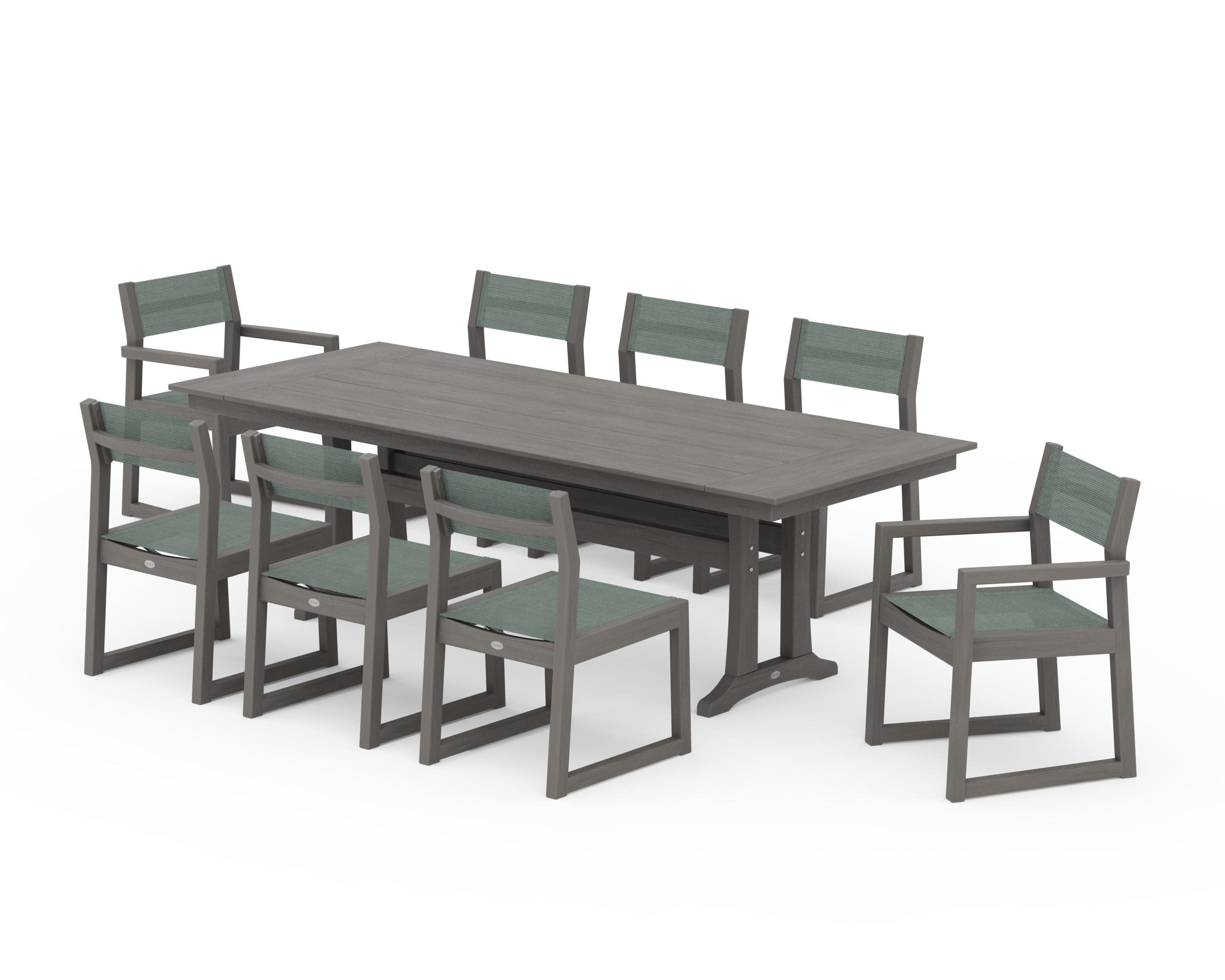 EDGE Sling 9-Piece Farmhouse Trestle Dining Set in Driftwood / Dupioni Sea Mist Sling