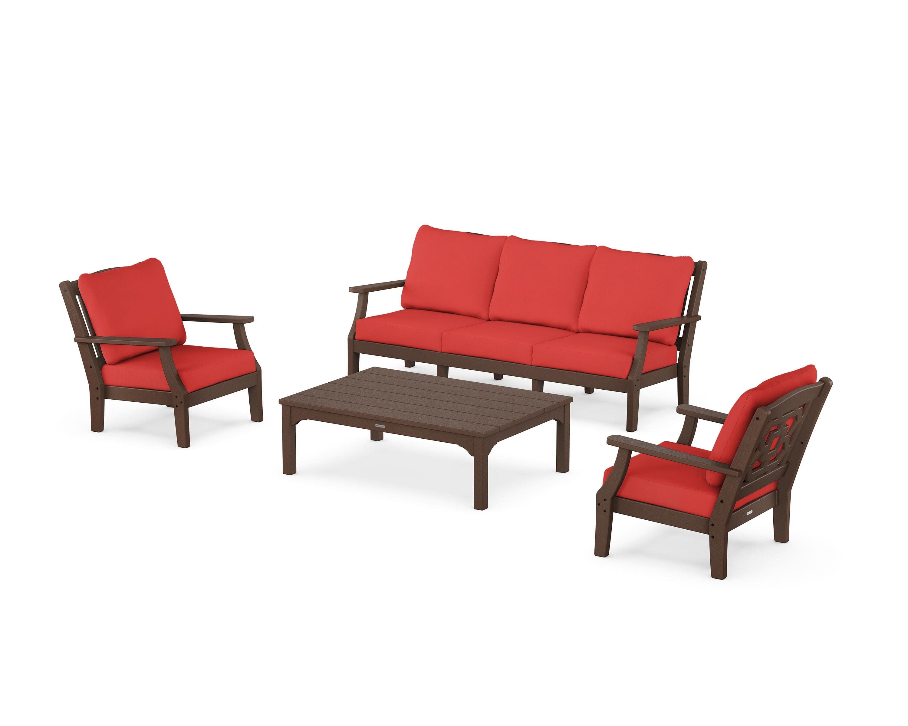 Chinoiserie 4-Piece Deep Seating Set with Sofa in Mahogany / Crimson Linen