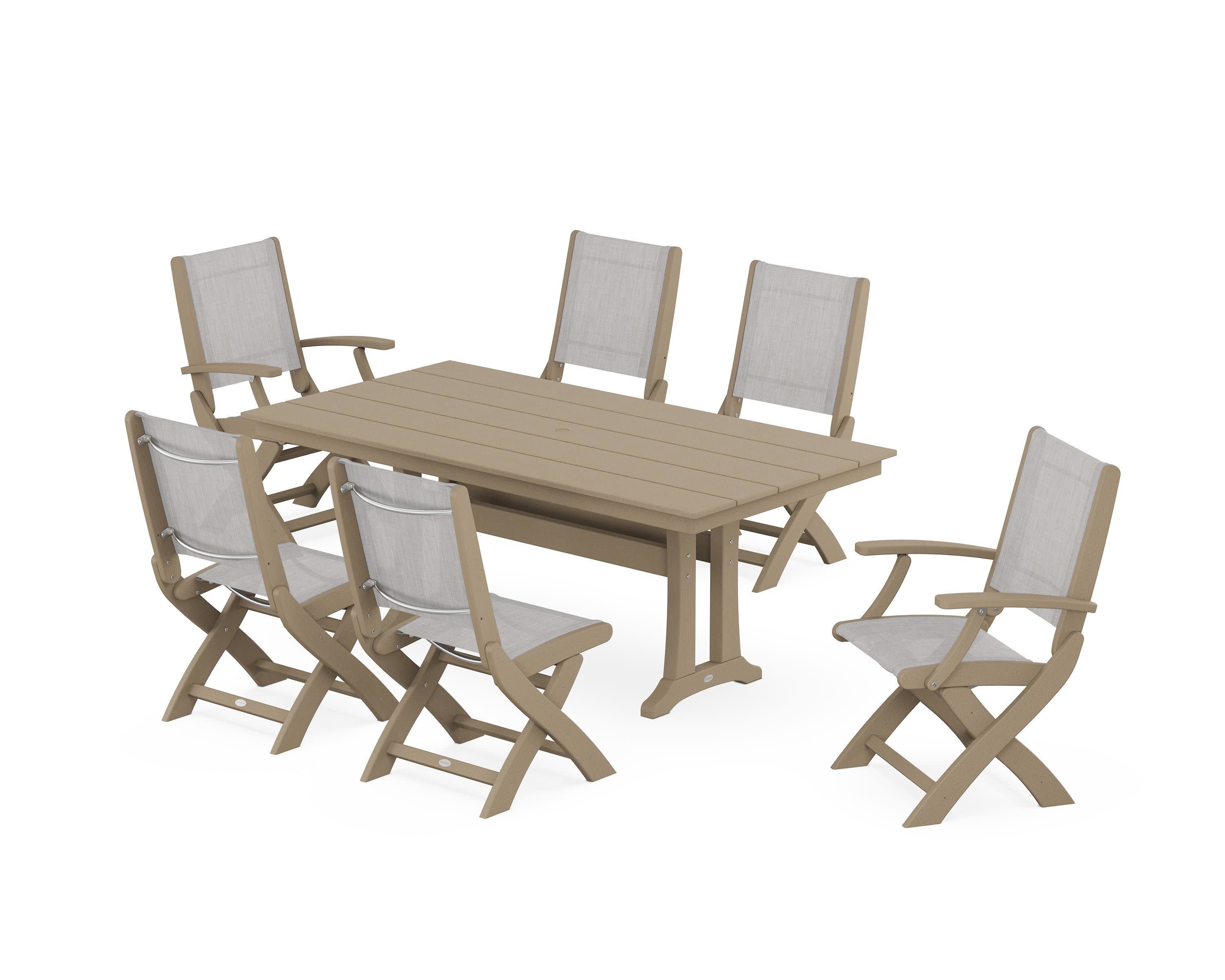 Coastal Folding Chair 7-Piece Farmhouse Dining Set with Trestle Legs in Vintage Sahara / Parchment Sling