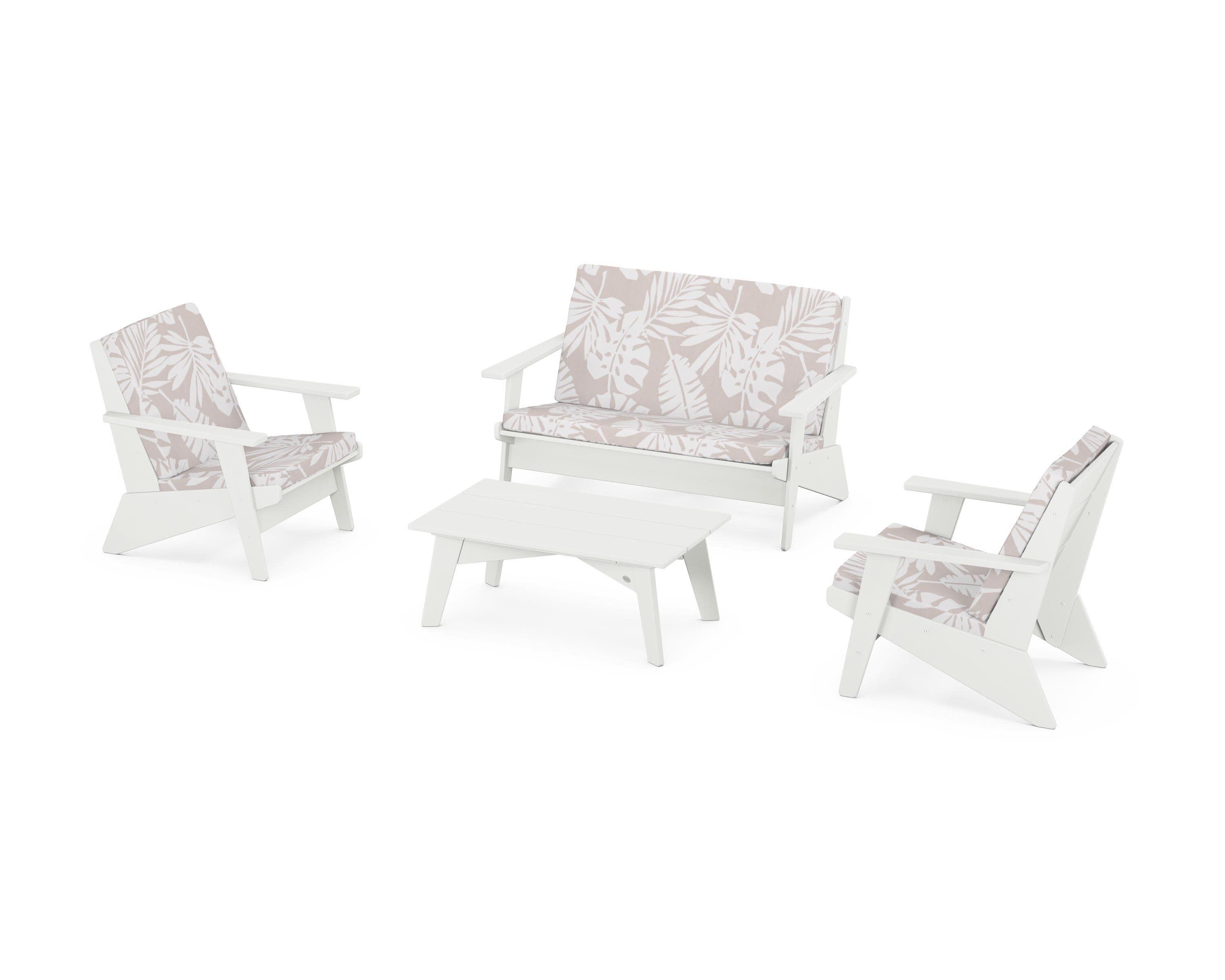 Riviera Modern Lounge 4-Piece Set in Vintage White / Leaf Dune Burlap