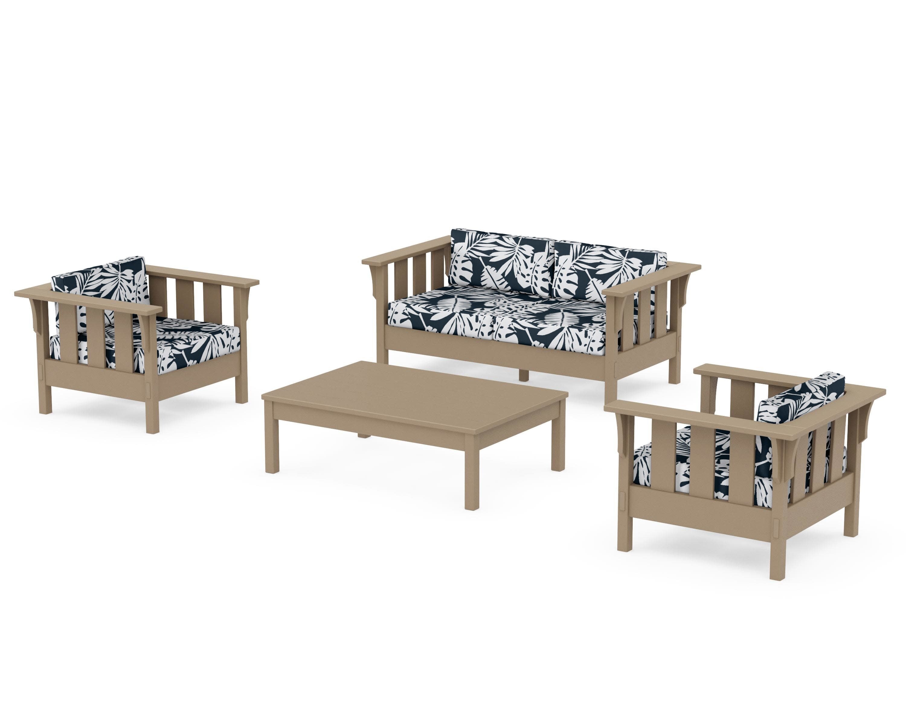 Acadia 4-Piece Deep Seating Set with Loveseat in Vintage Sahara / Leaf Marine Indigo