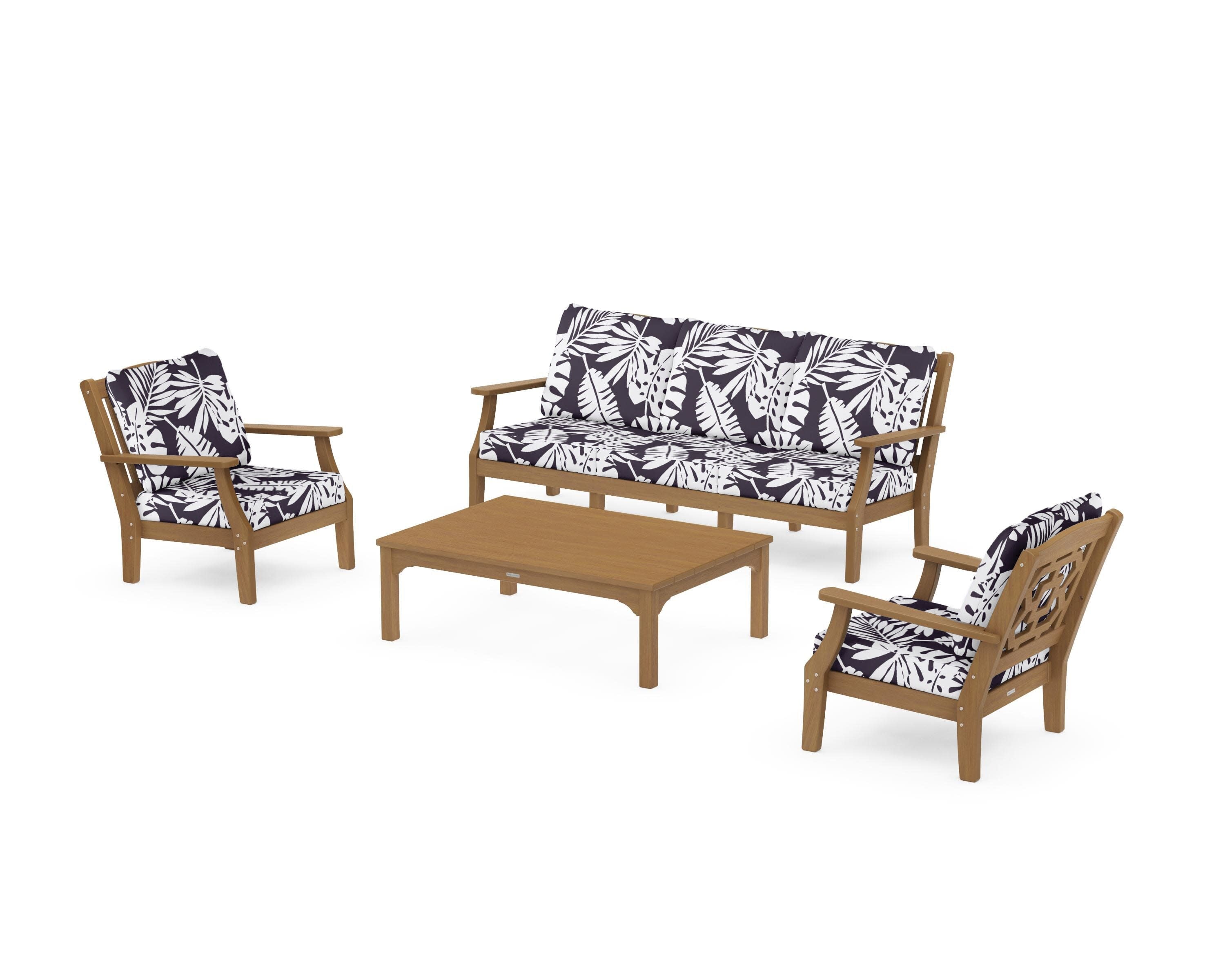 Chinoiserie 4-Piece Deep Seating Set with Sofa in Natural / Leaf Navy