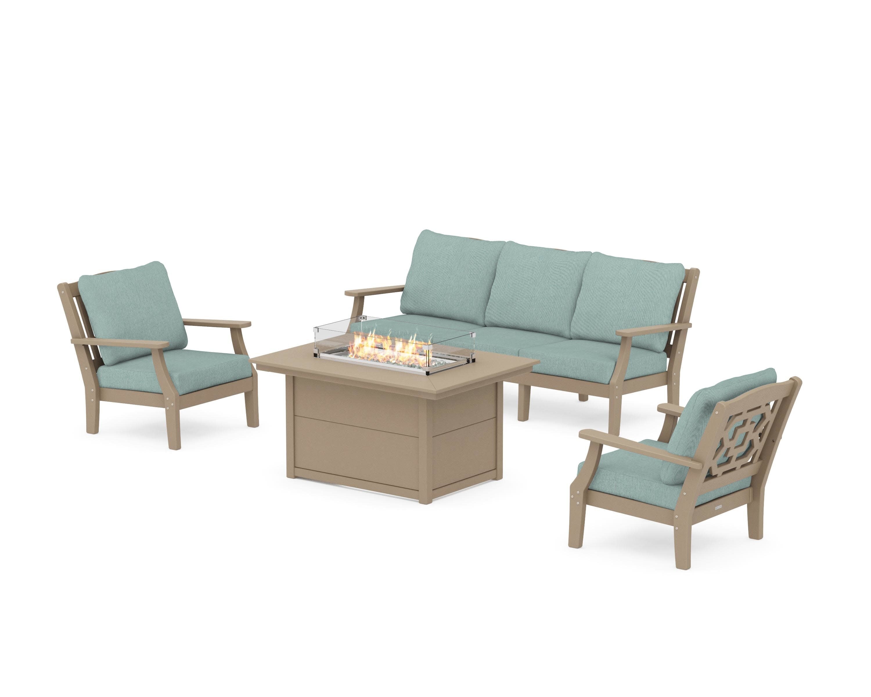 Chinoiserie Deep Seating Fire Pit Table Set in Vintage Sahara / Glacier Spa