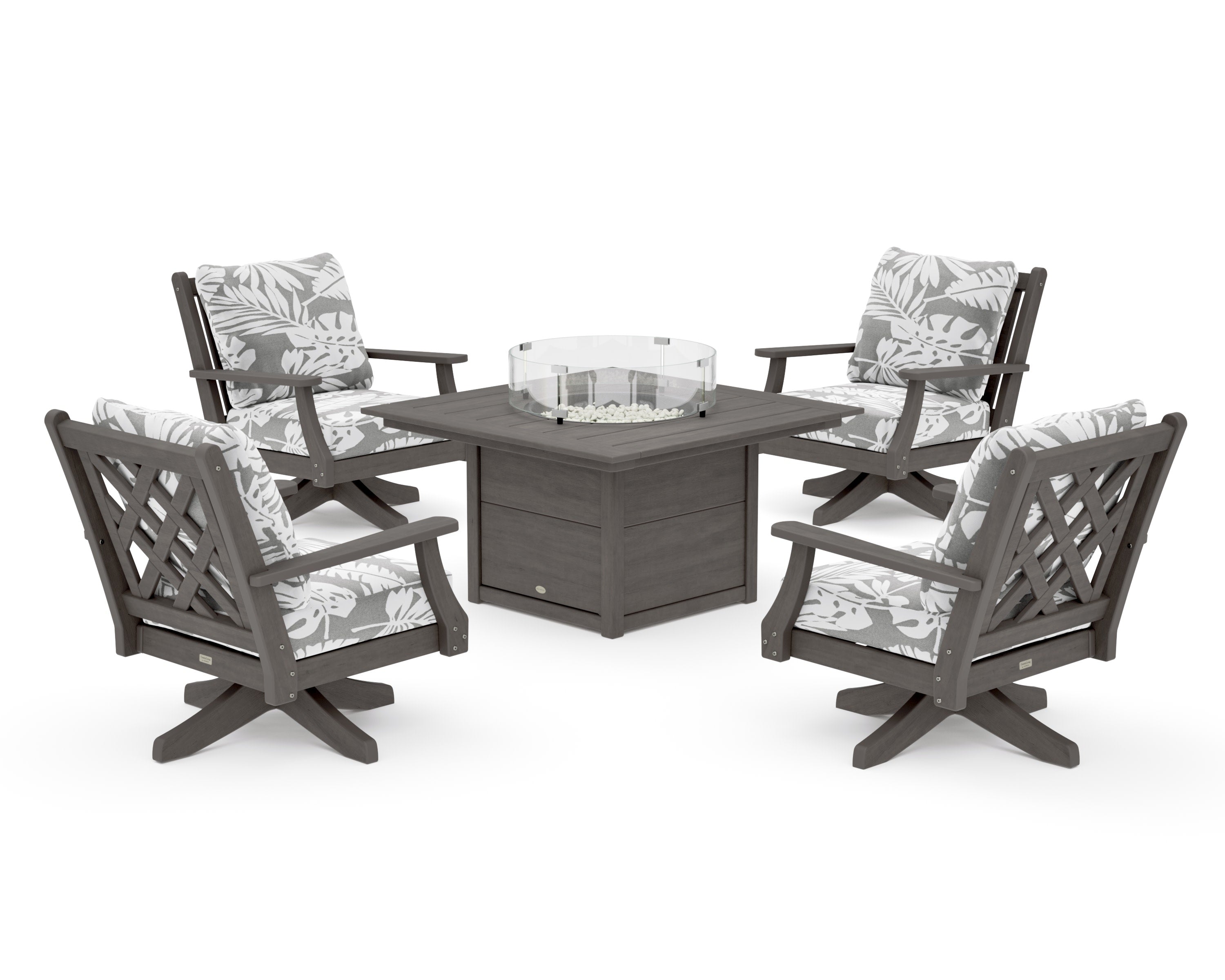 Wovendale 5-Piece Deep Seating Swivel Conversation Set with Fire Pit Table in Driftwood / Leaf Grey Mist