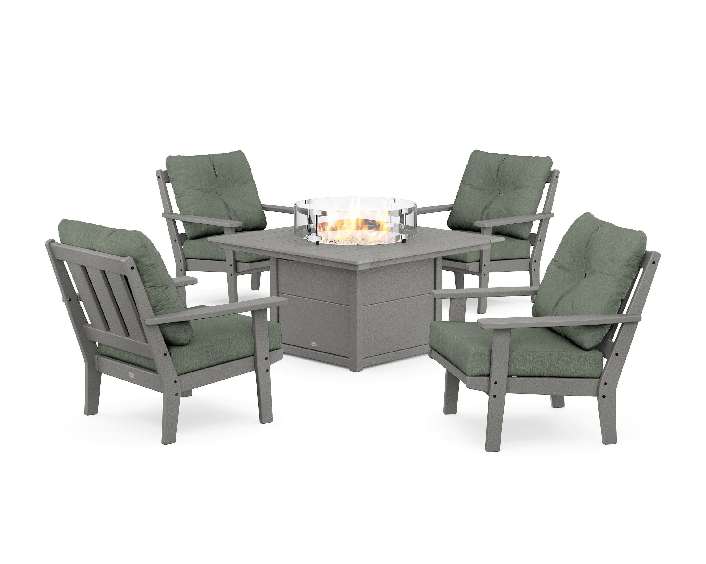 Oxford 5-Piece Deep Seating Set with Fire Pit Table in Slate Grey / Cast Sage
