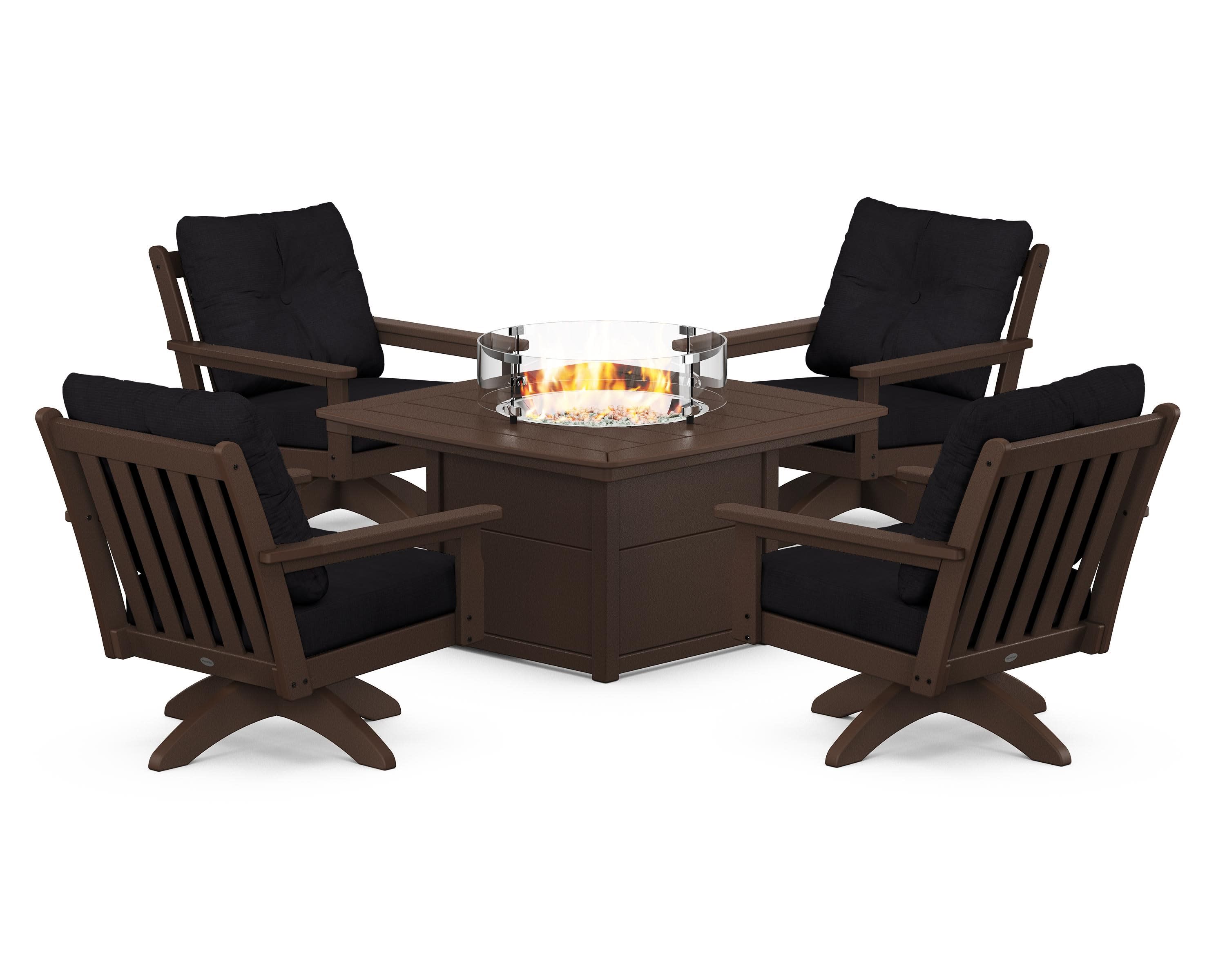 Vineyard 5-Piece Deep Seating Swivel Conversation Set with Fire Pit Table in Mahogany / Midnight Linen