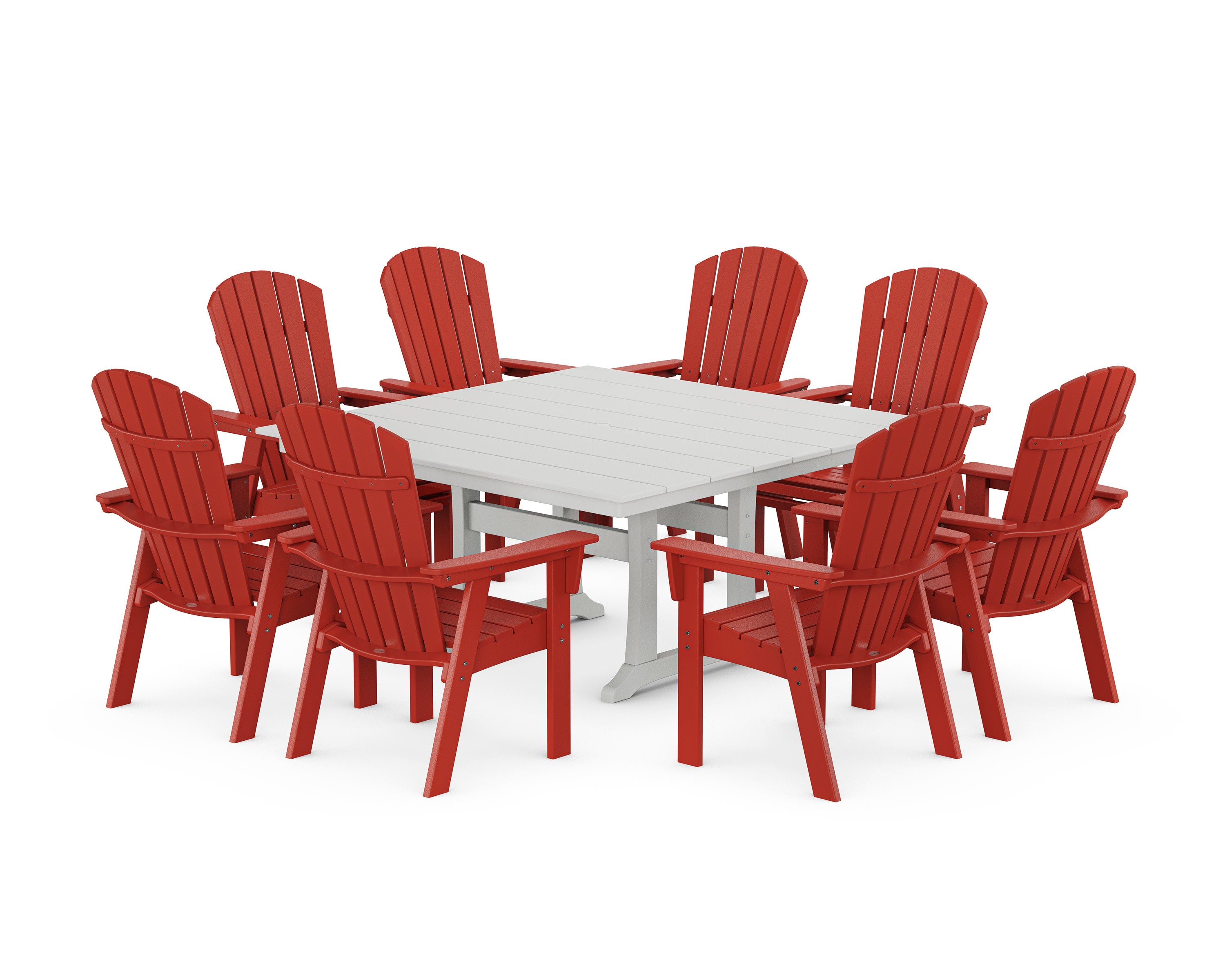 Nautical Curveback Adirondack 9-Piece Square Dining Set with Trestle Legs in Sunset Red / White