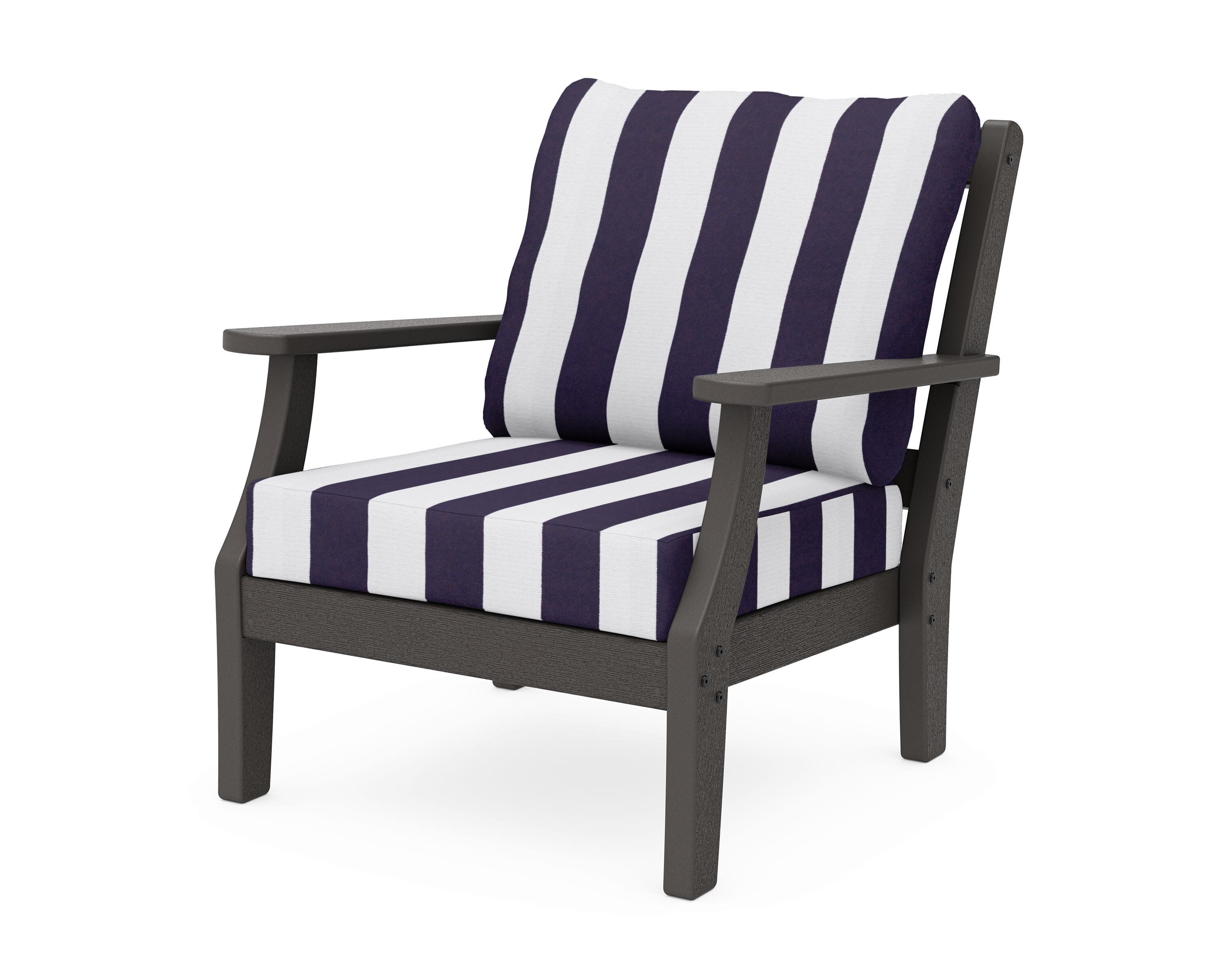 Chinoiserie Deep Seating Chair in Vintage Coffee / Cabana Stripe Navy