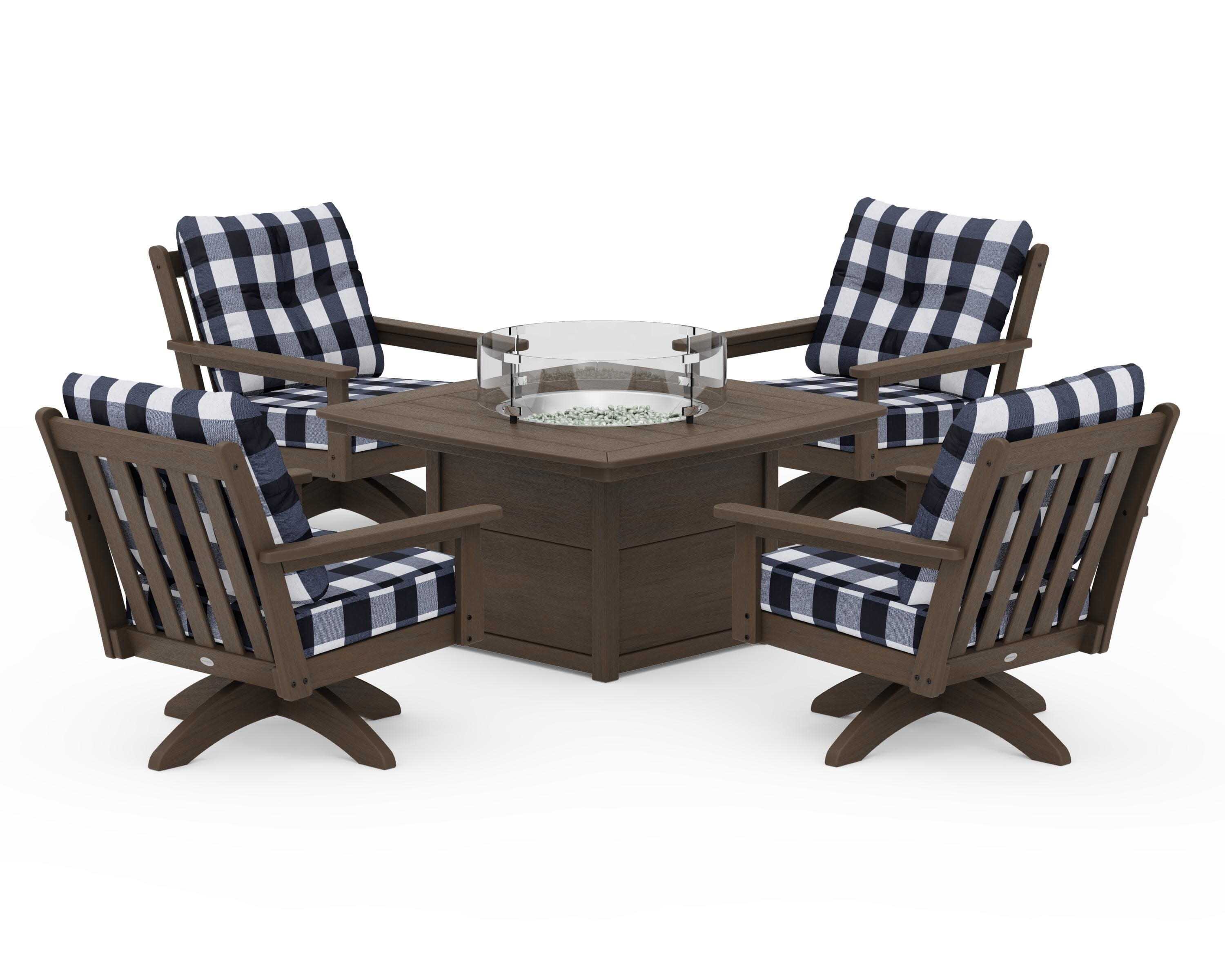 Vineyard 5-Piece Deep Seating Swivel Conversation Set with Fire Pit Table in Kona / Buffalo Plaid Marine Indigo