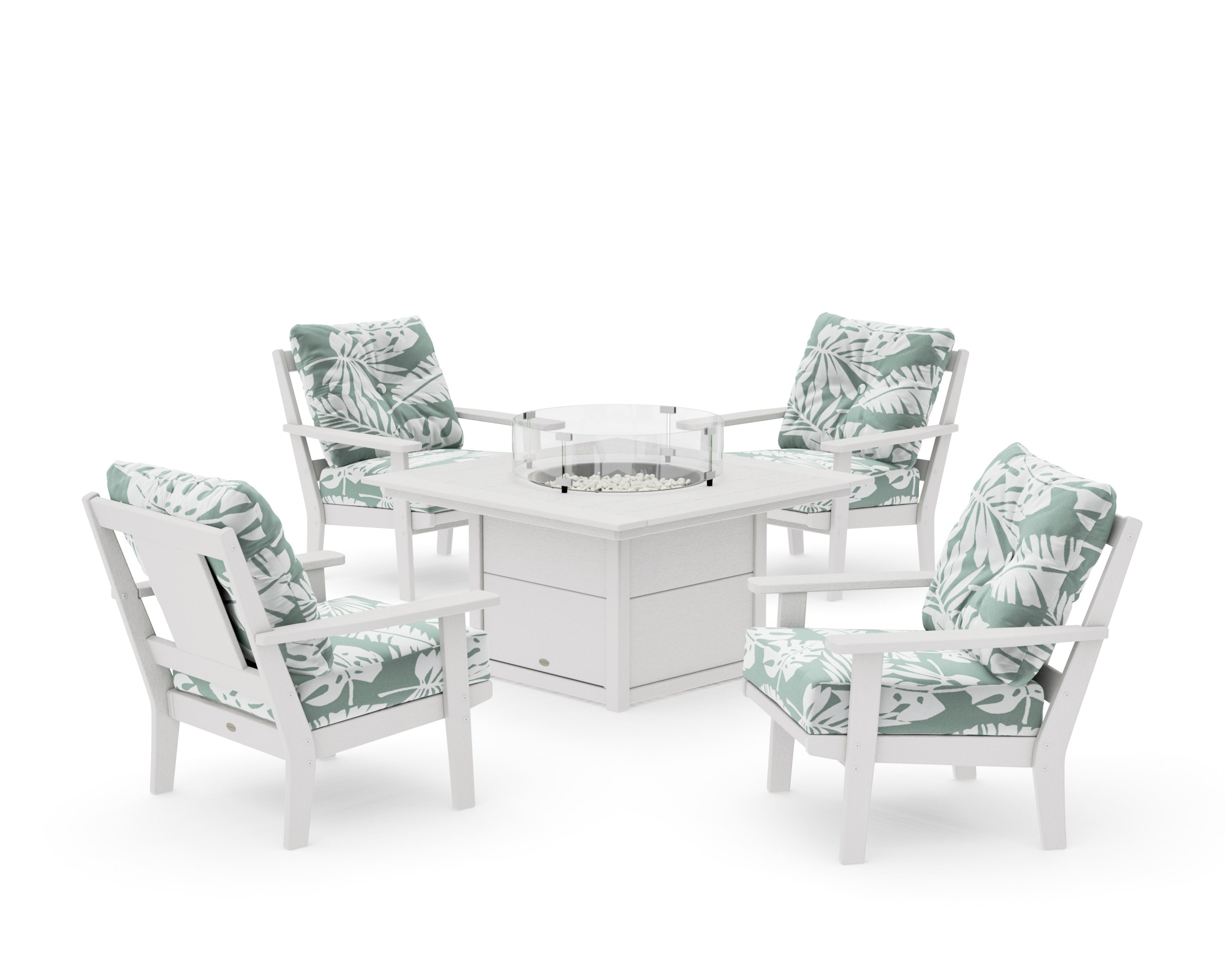 Prairie 5-Piece Deep Seating Set with Fire Pit Table in Vintage White / Leaf Glacier Spa