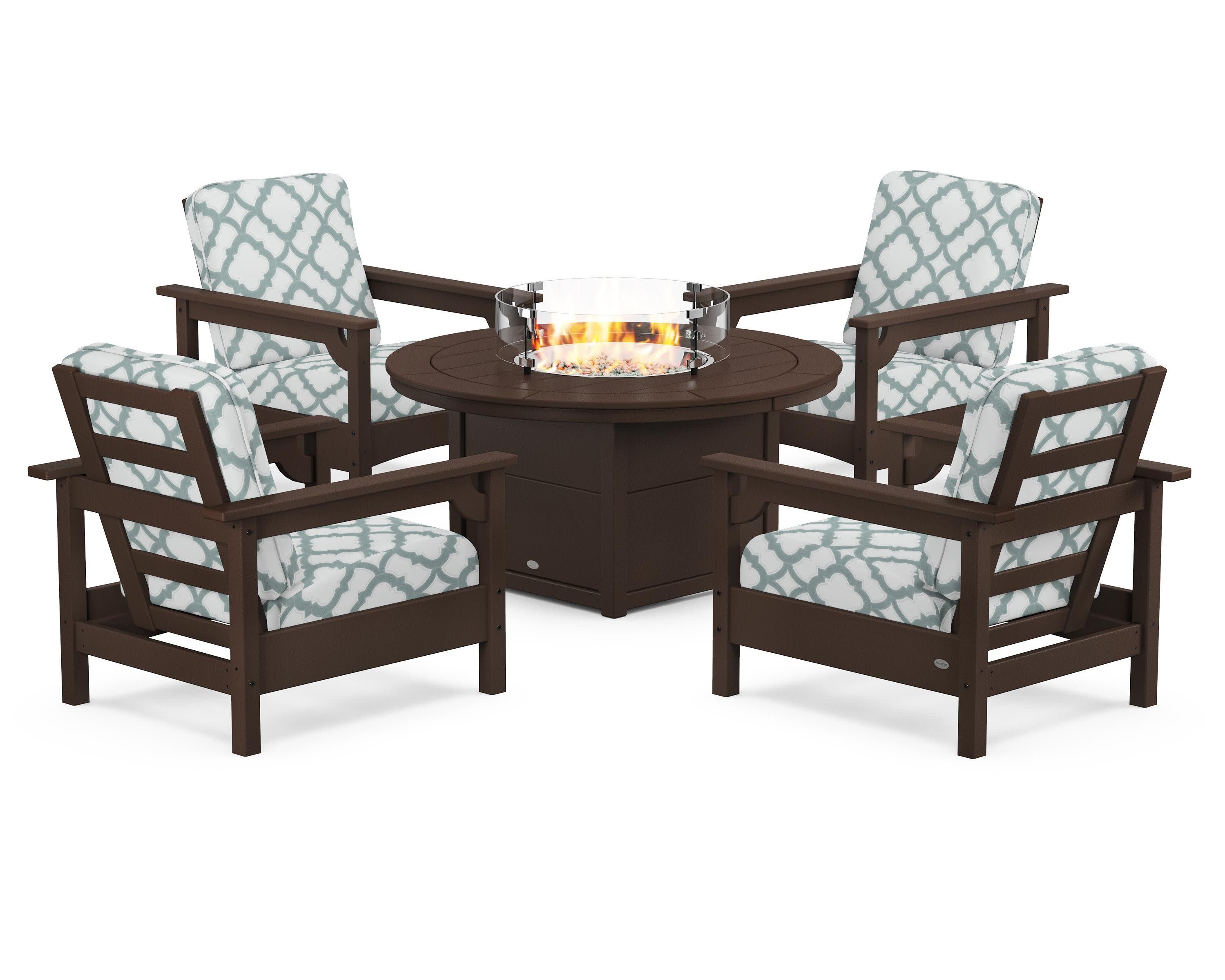 Club 5-Piece Conversation Set with Fire Pit Table in Mahogany / Trellis Glacier Spa
