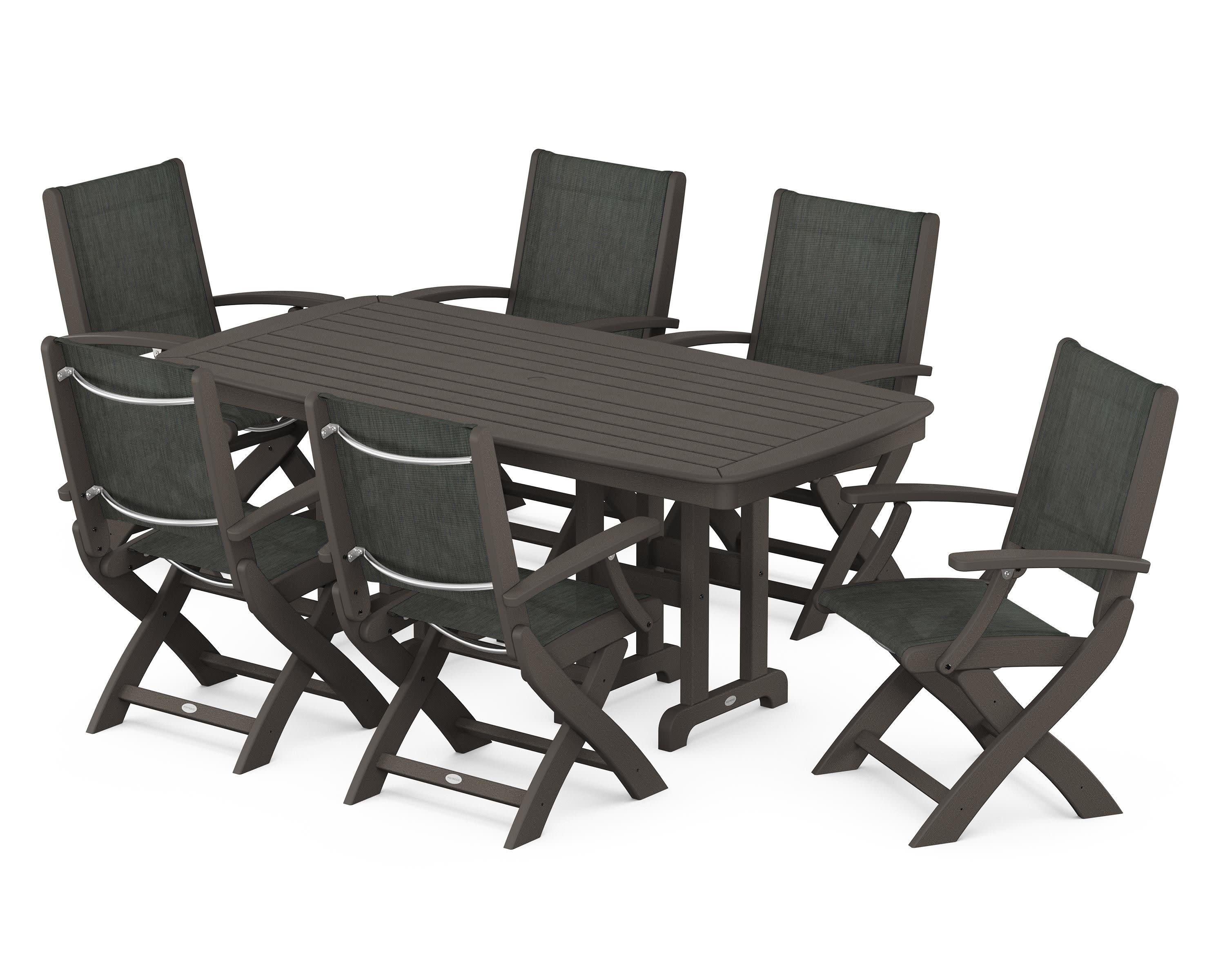 Coastal Folding Arm Chair 7-Piece Dining Set in Vintage Coffee / Ember Sling