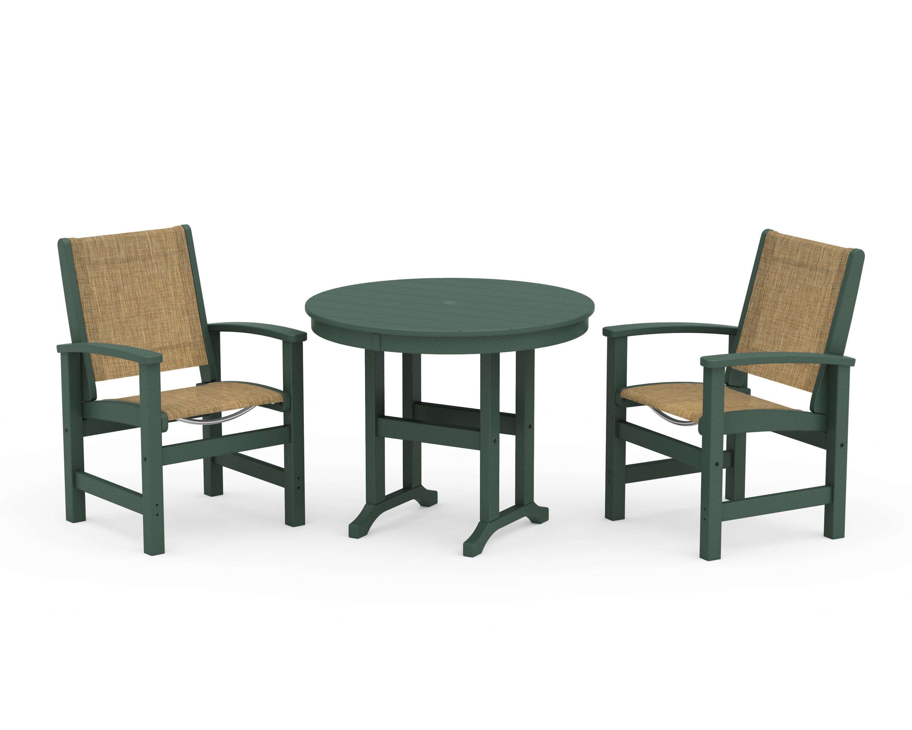 Coastal 3-Piece Round Dining Set in Green / Burlap Sling