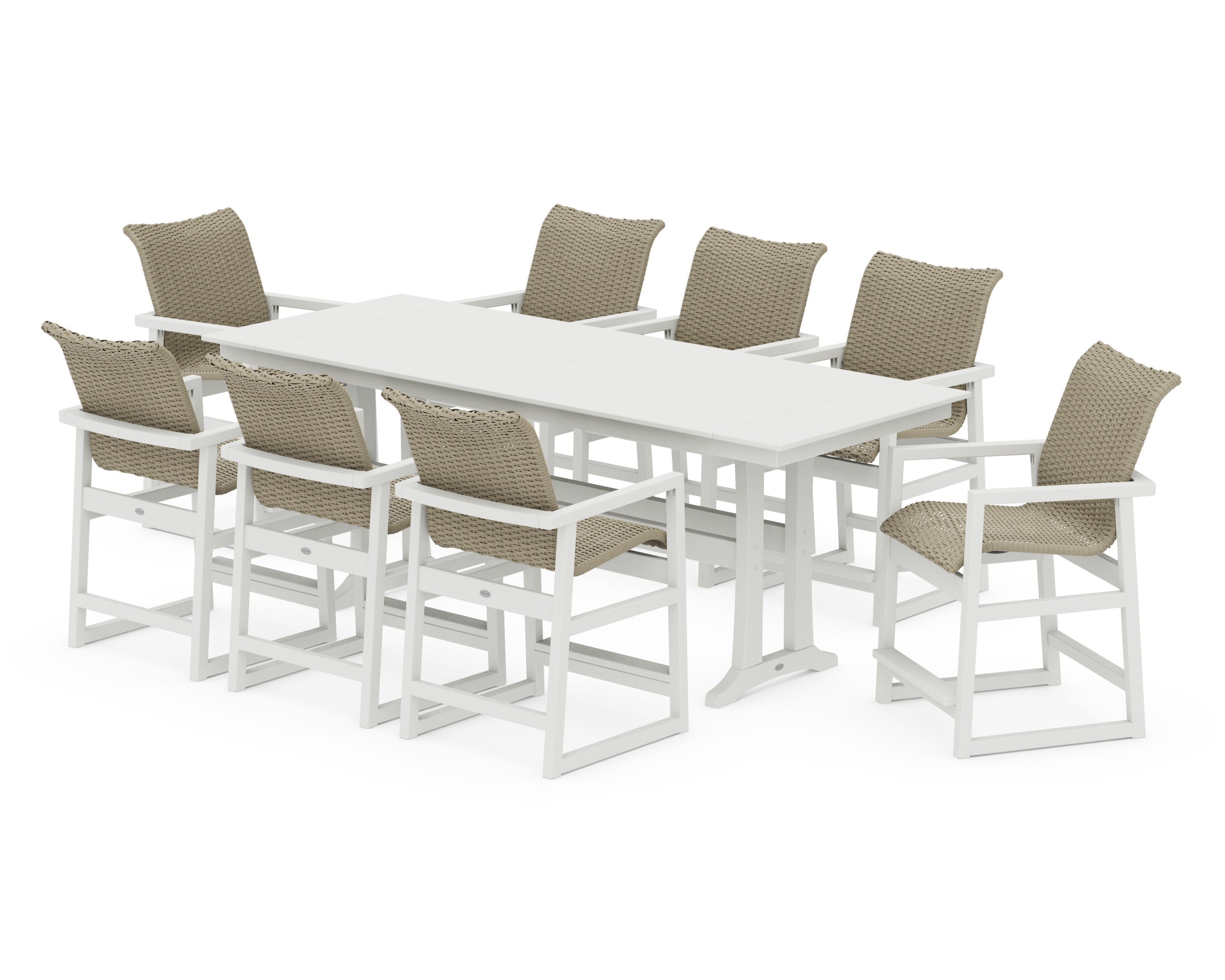 EDGE Woven 9-Piece Farmhouse Counter Set with Trestle Legs in Vintage White / Dune Grass