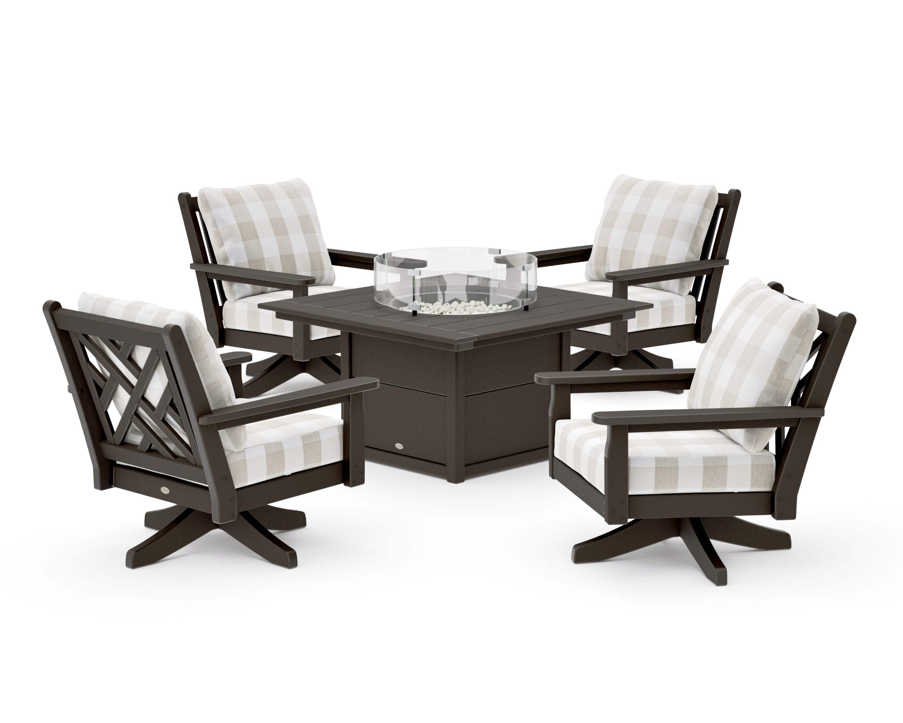 Chippendale 5-Piece Deep Seating Swivel Conversation Set with Fire Pit Table in Vintage Coffee / Buffalo Plaid Dune Burlap
