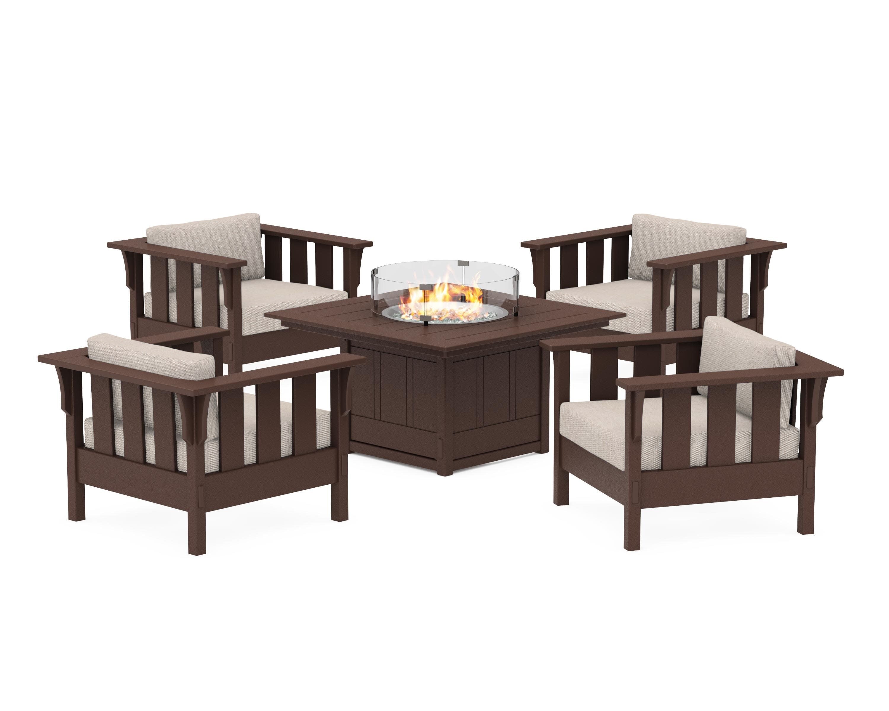 Acadia 5-Piece Deep Seating Set with Fire Pit Table in Mahogany / Blend Linen