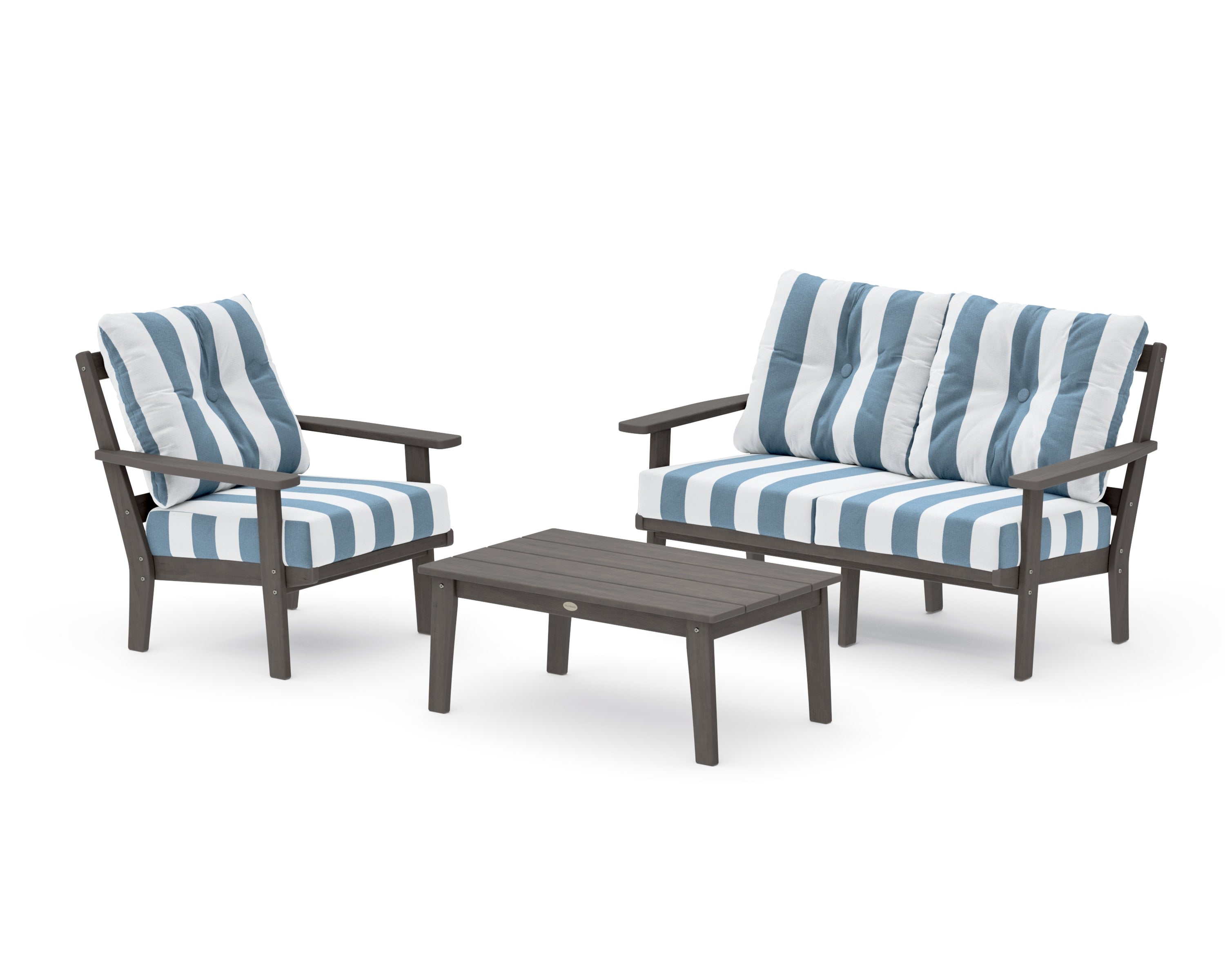 Oxford 3-Piece Deep Seating Set with Loveseat in Driftwood / Cabana Stripe Sky Blue