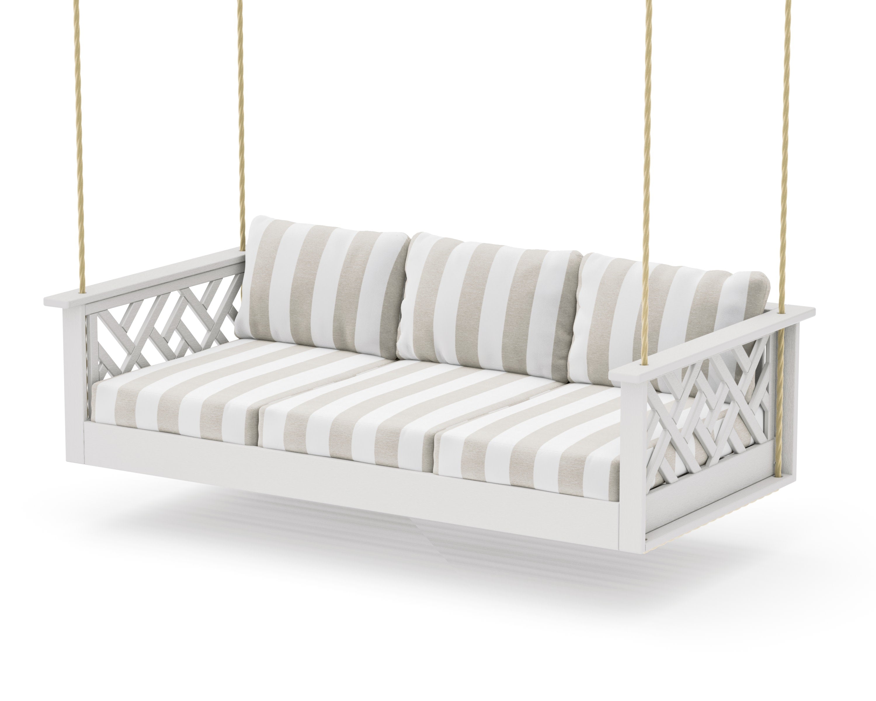 Chippendale Daybed Swing in Vintage White / Cabana Stripe Dune Burlap