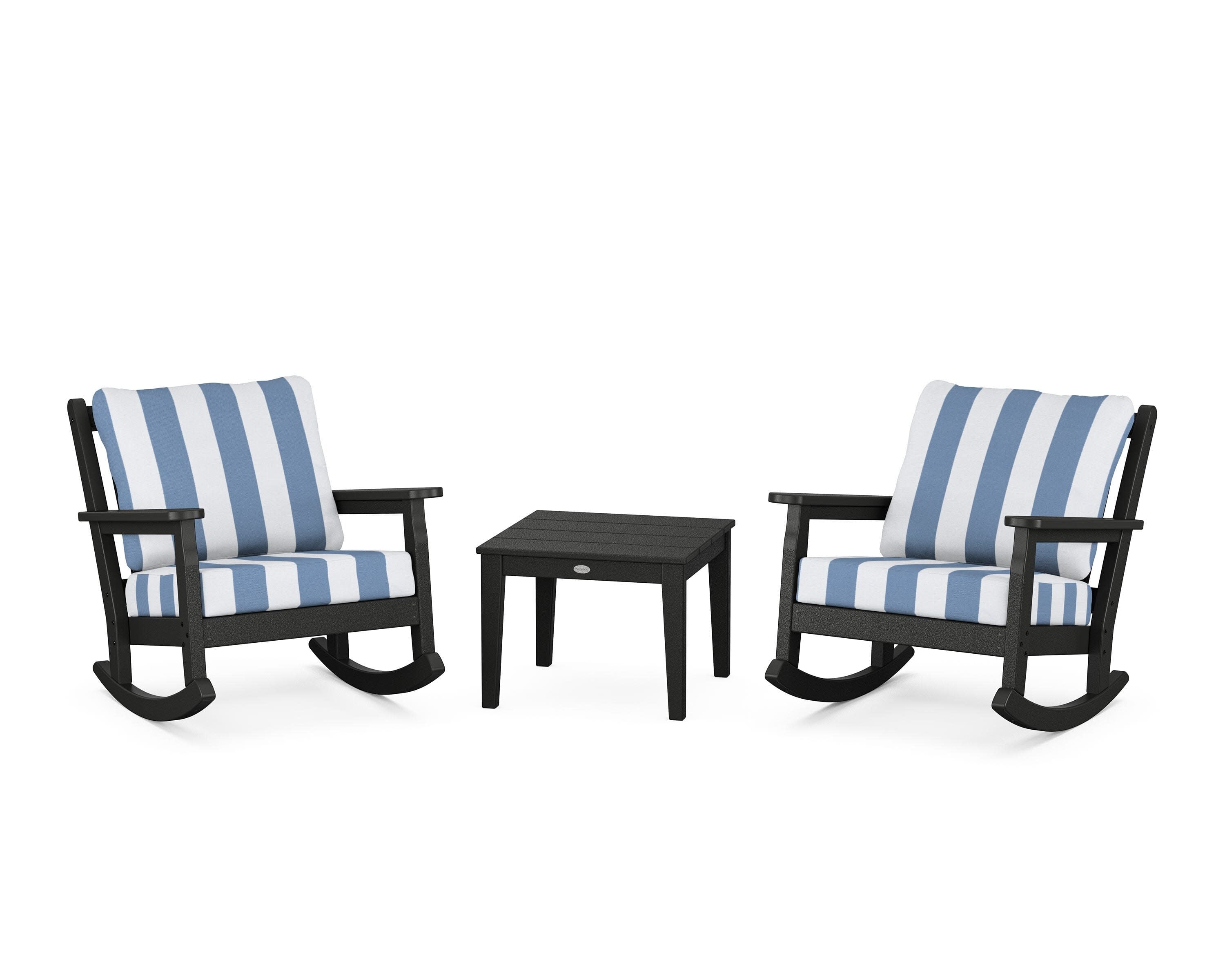 Chippendale 3-Piece Deep Seating Rocker Set in Black / Cabana Stripe Sky Blue