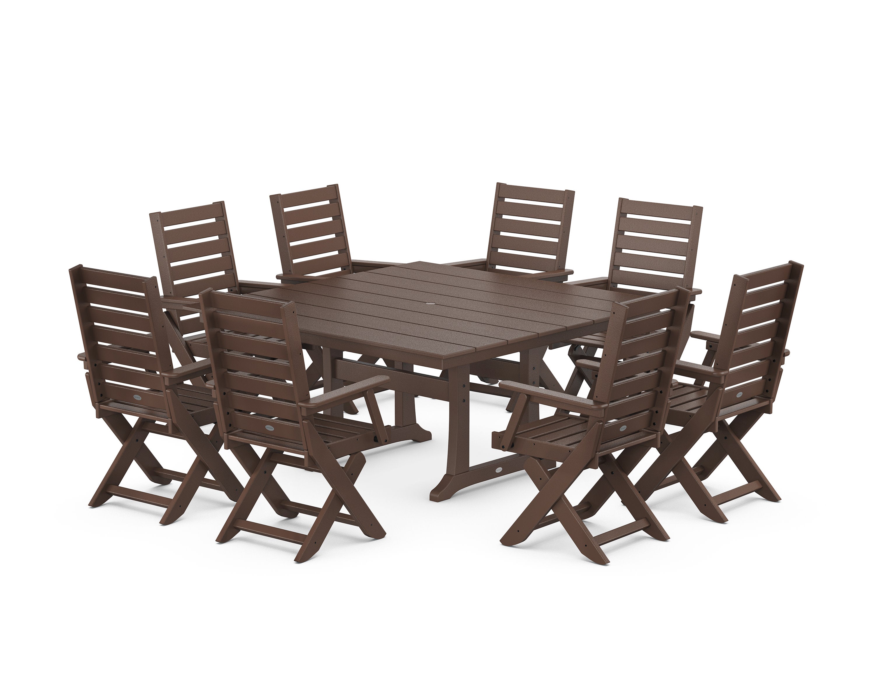 Captain Folding Chair 9-Piece Square Farmhouse Dining Set with Trestle Legs in Mahogany