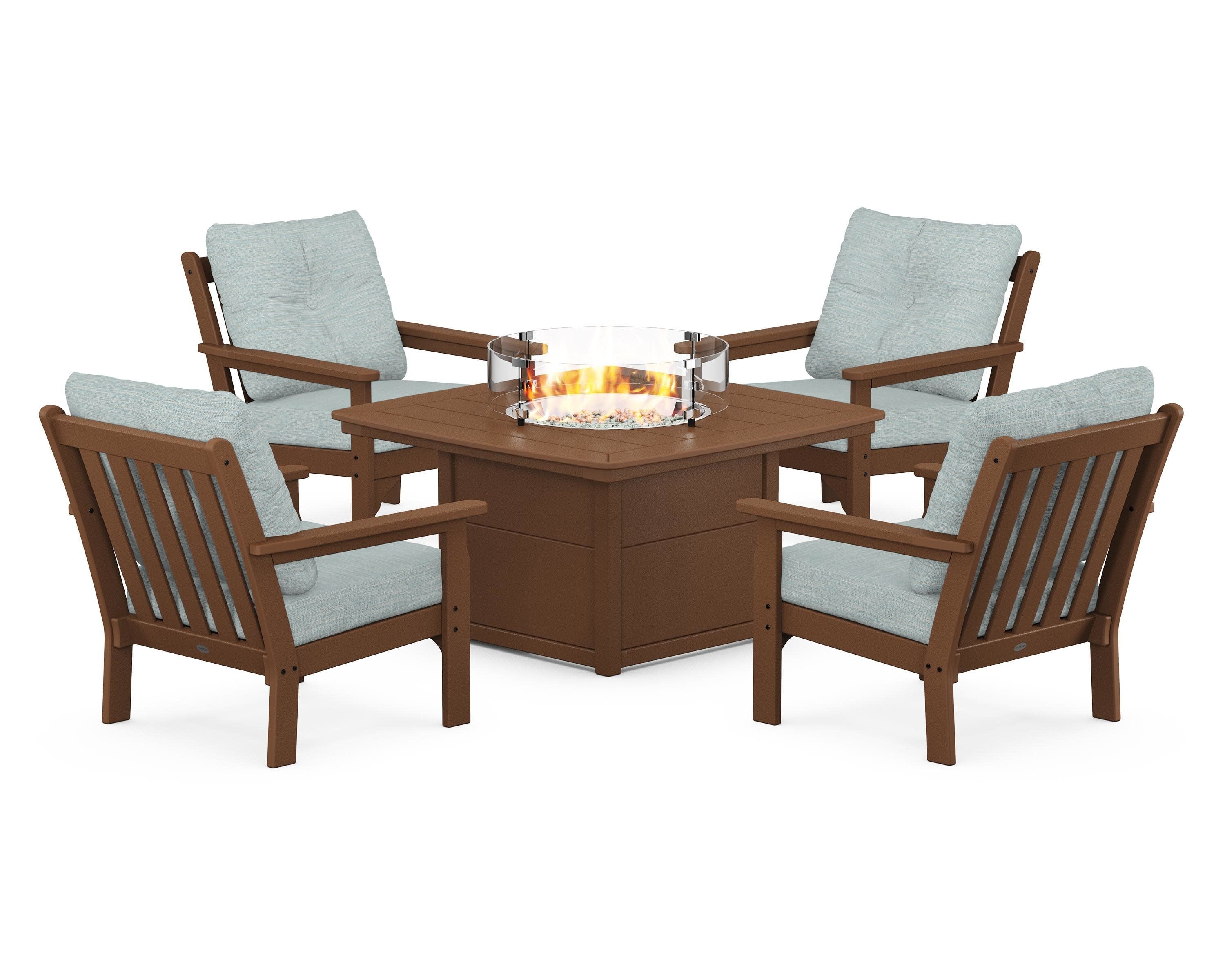 Vineyard 5-Piece Conversation Set with Fire Pit Table in Teak / Soothe Mist