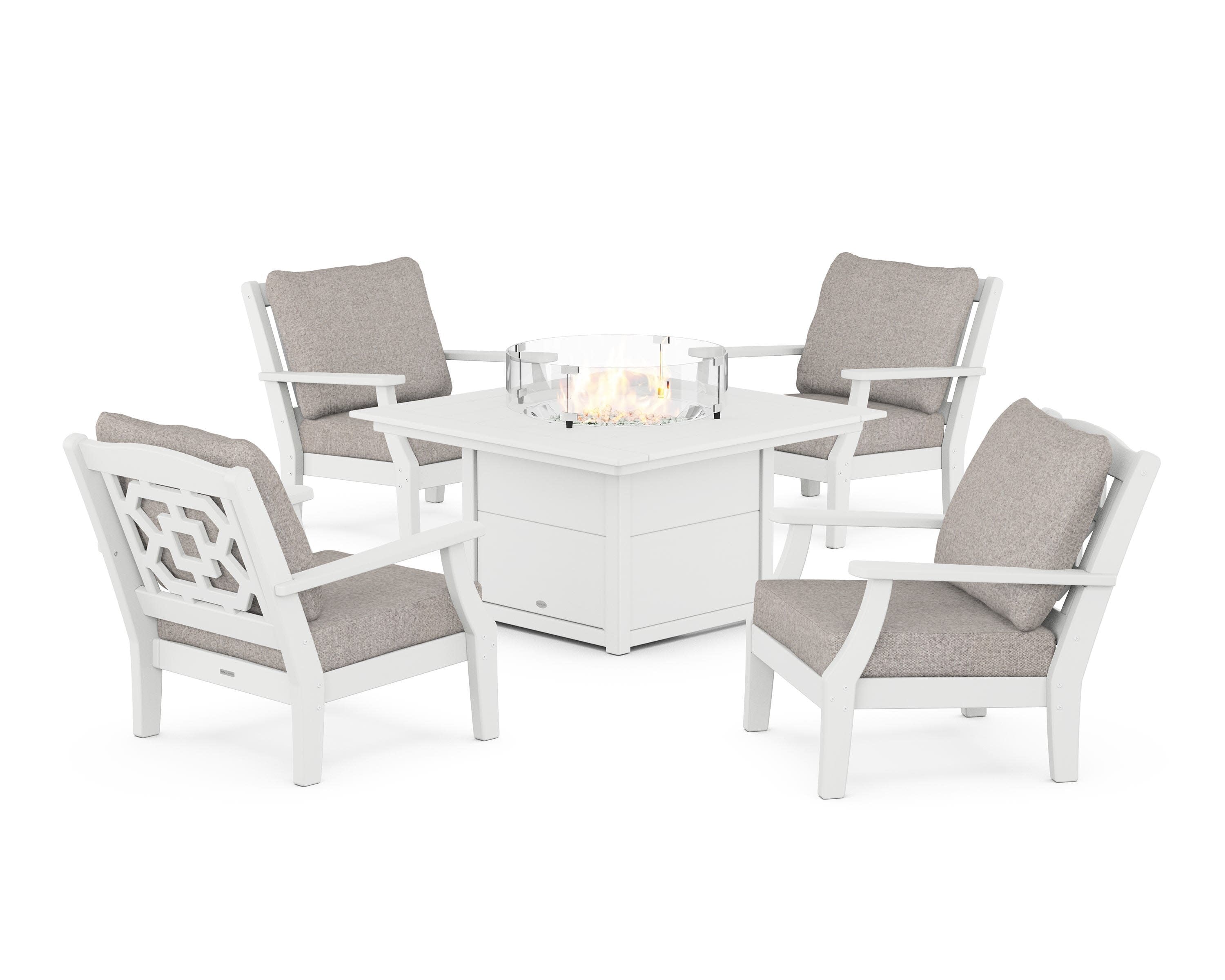 Chinoiserie 5-Piece Deep Seating Set with Fire Pit Table in White / Weathered Tweed