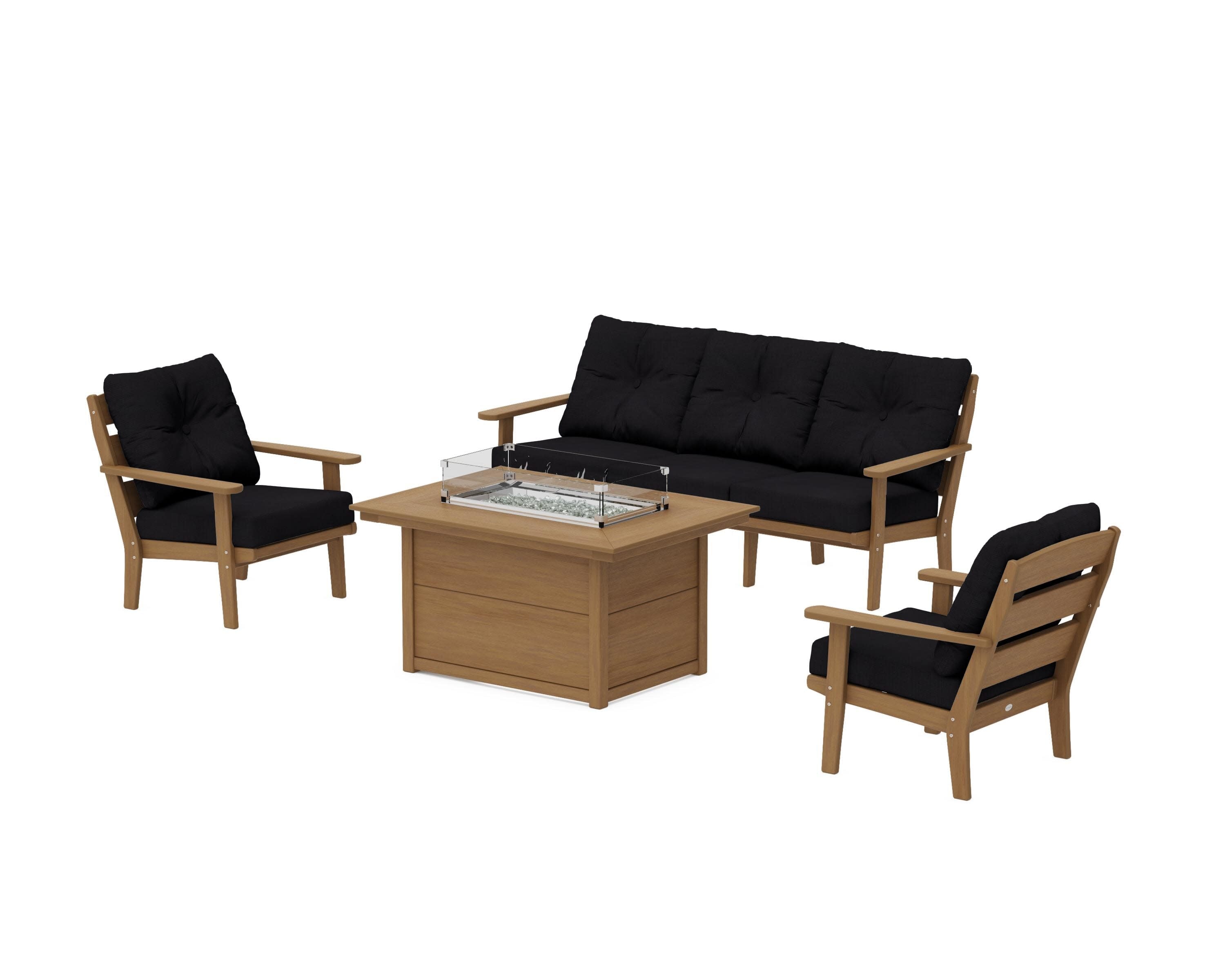 Lakeside Deep Seating Fire Pit Table Set in Natural / Midnight Linen