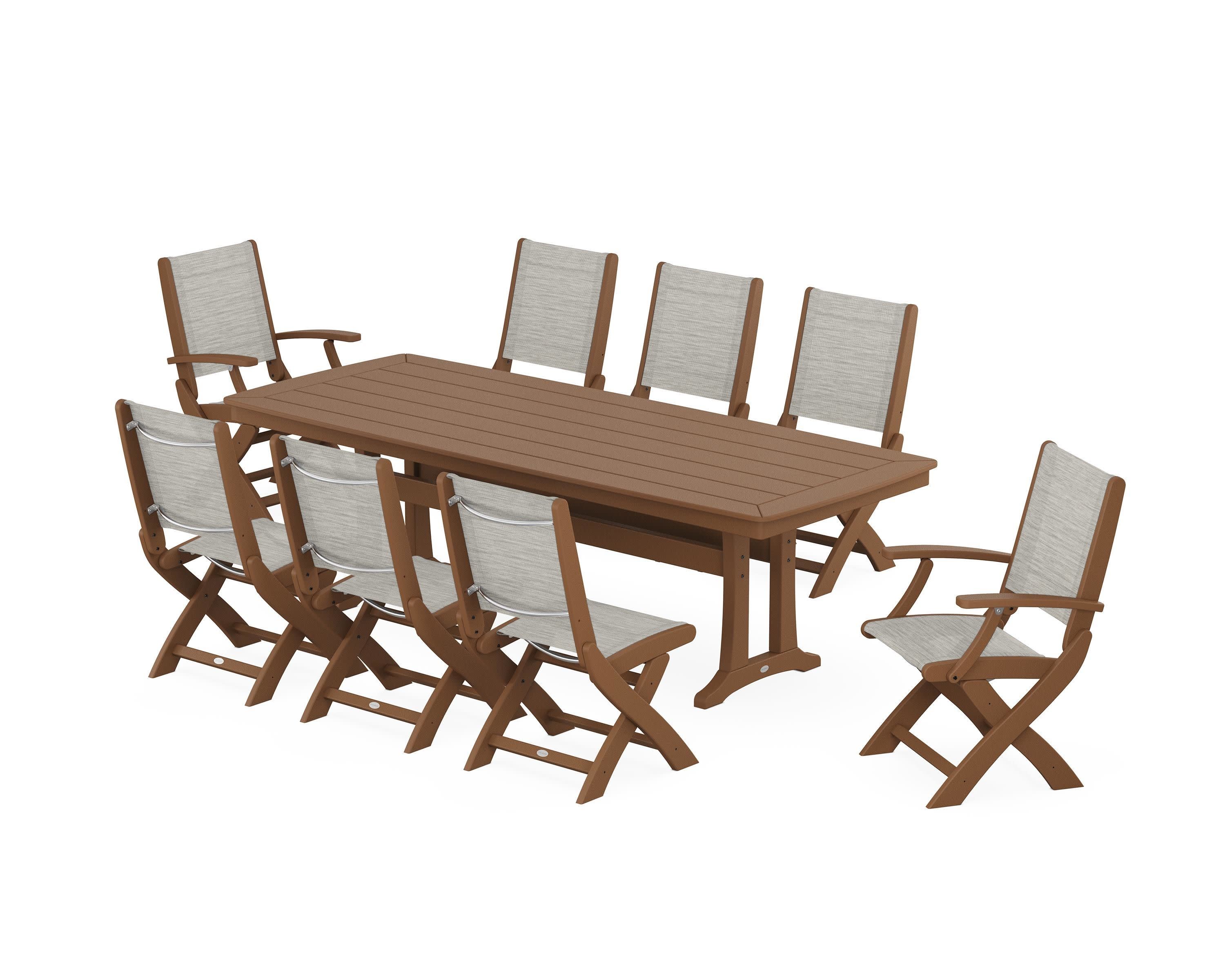 Coastal Folding 9-Piece Dining Set with Trestle Legs in Teak / Birch Sling