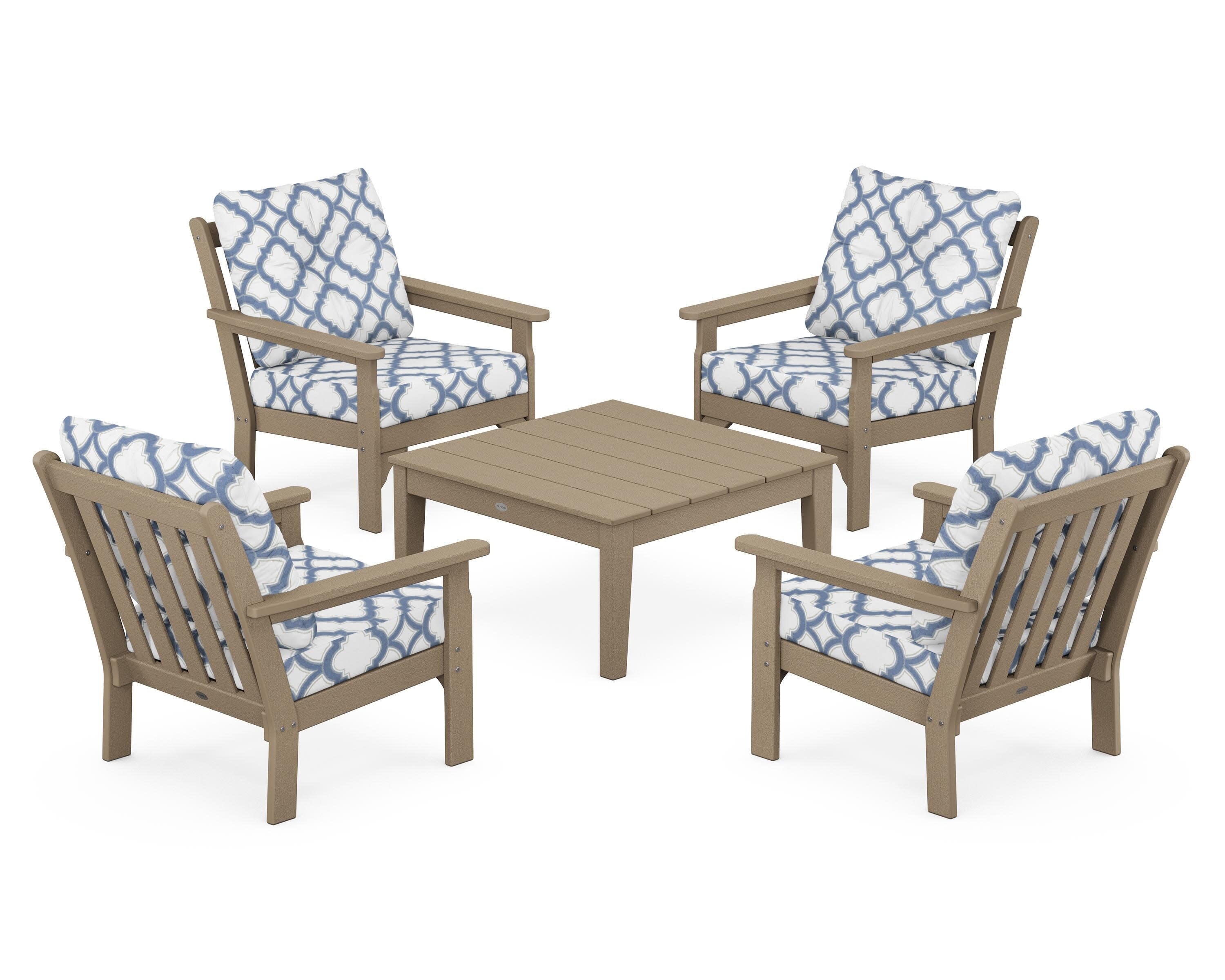 Vineyard 5-Piece Deep Seating Conversation Set in Vintage Sahara / Trellis Sky Blue