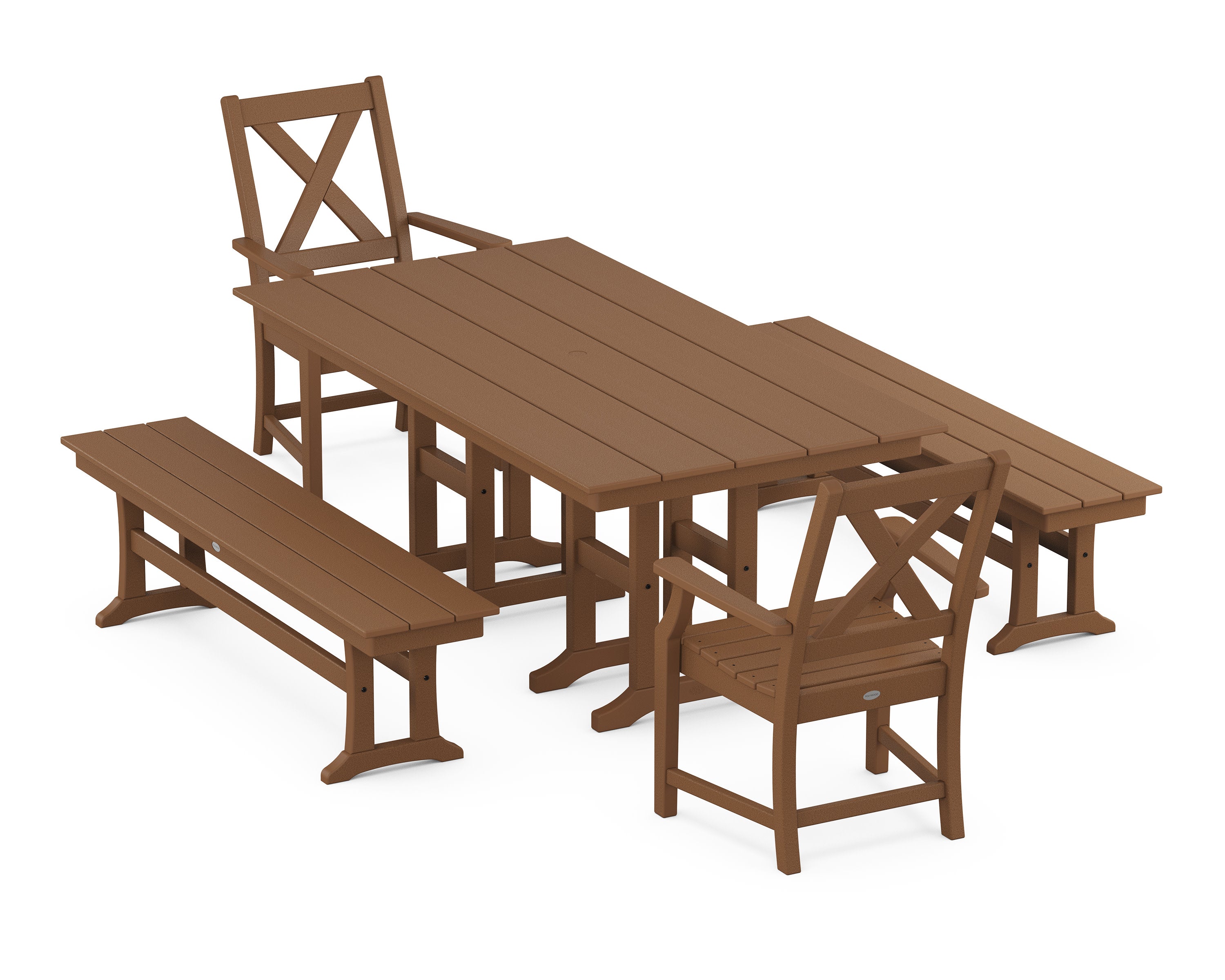 Braxton 5-Piece Farmhouse Dining Set with Benches in Teak