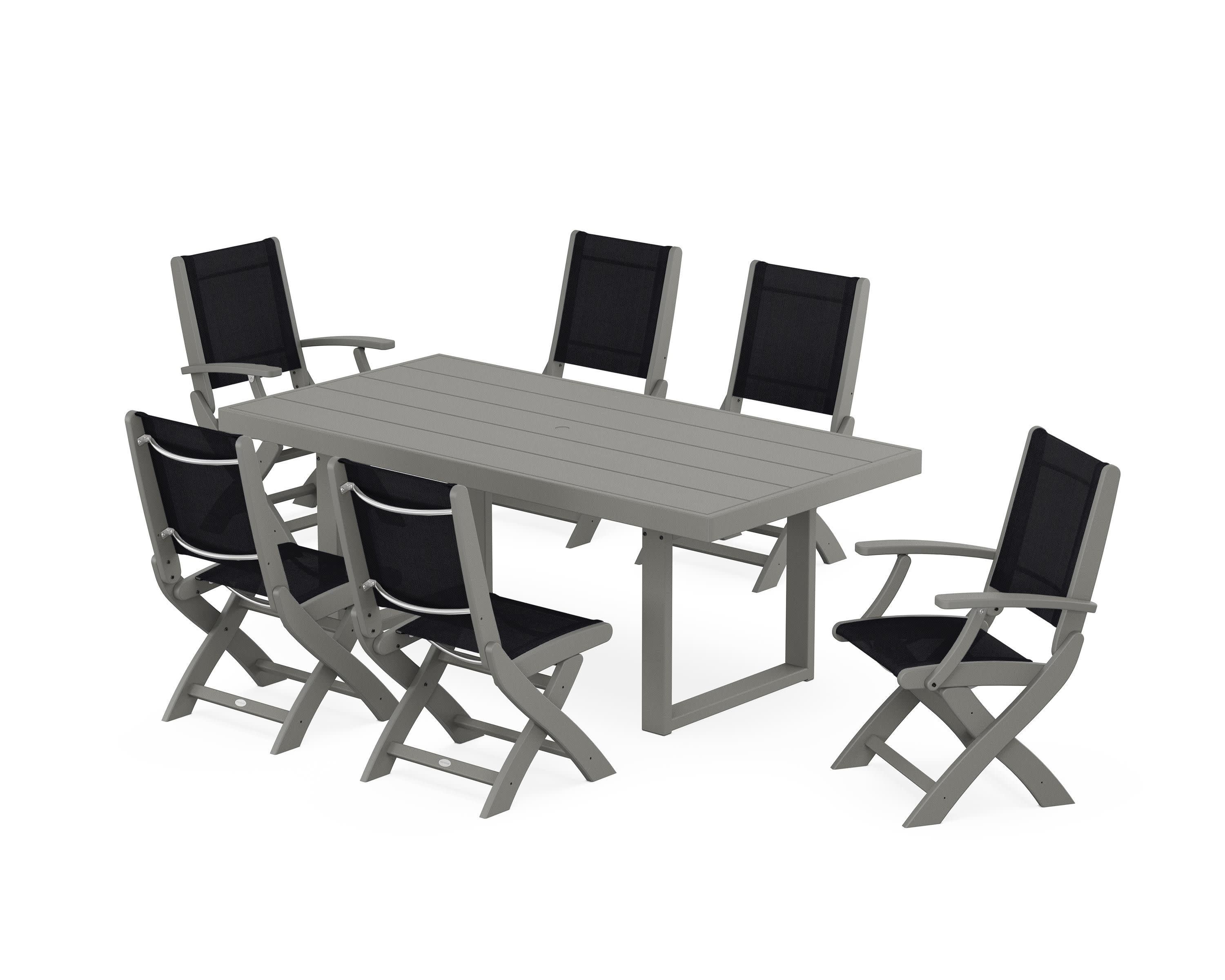 Coastal Folding Chair 7-Piece Dining Set with Trestle Legs in Slate Grey / Black Sling