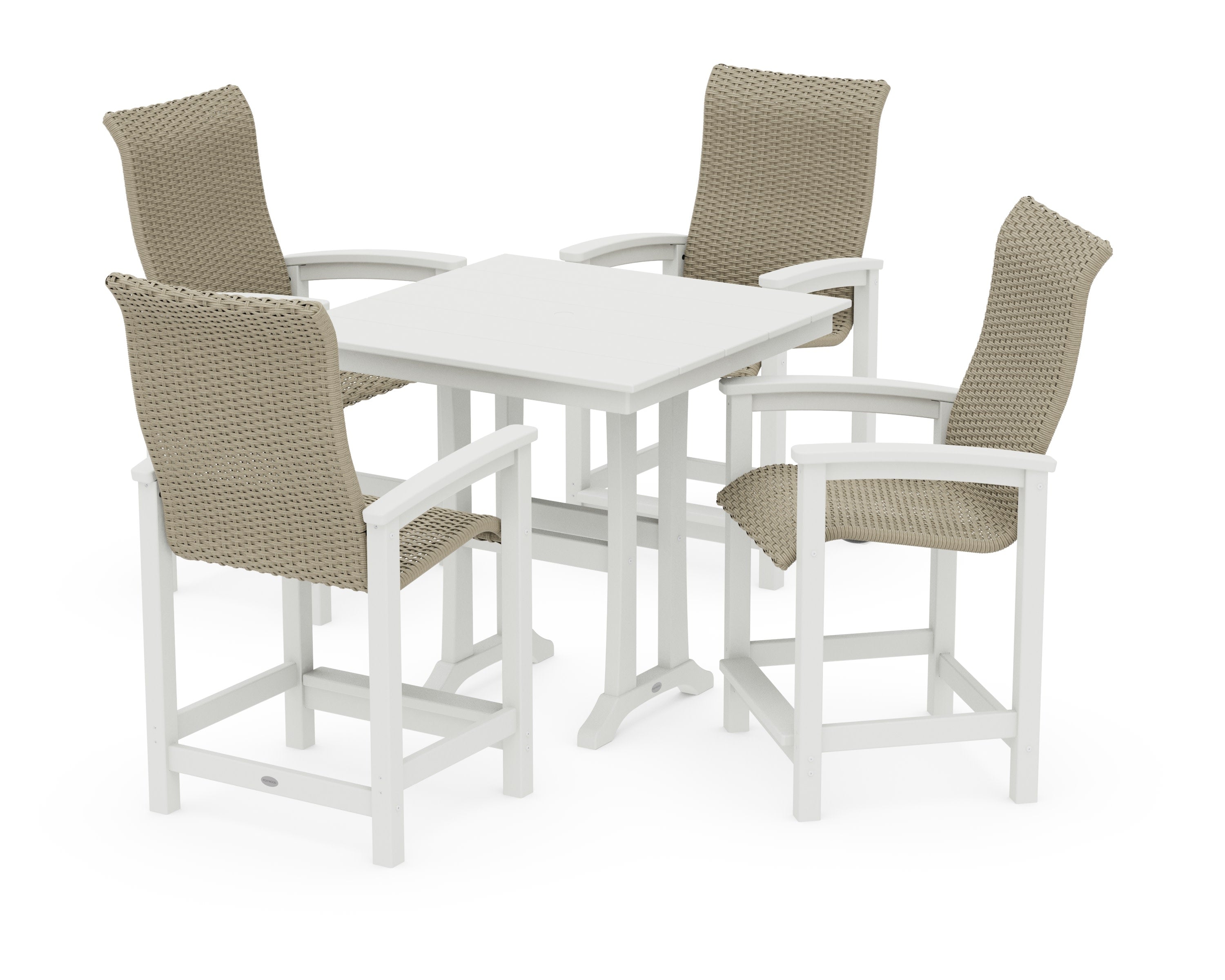 Coastal Woven High-Back 5-Piece Farmhouse Counter Set with Trestle Legs in White / Dune Grass