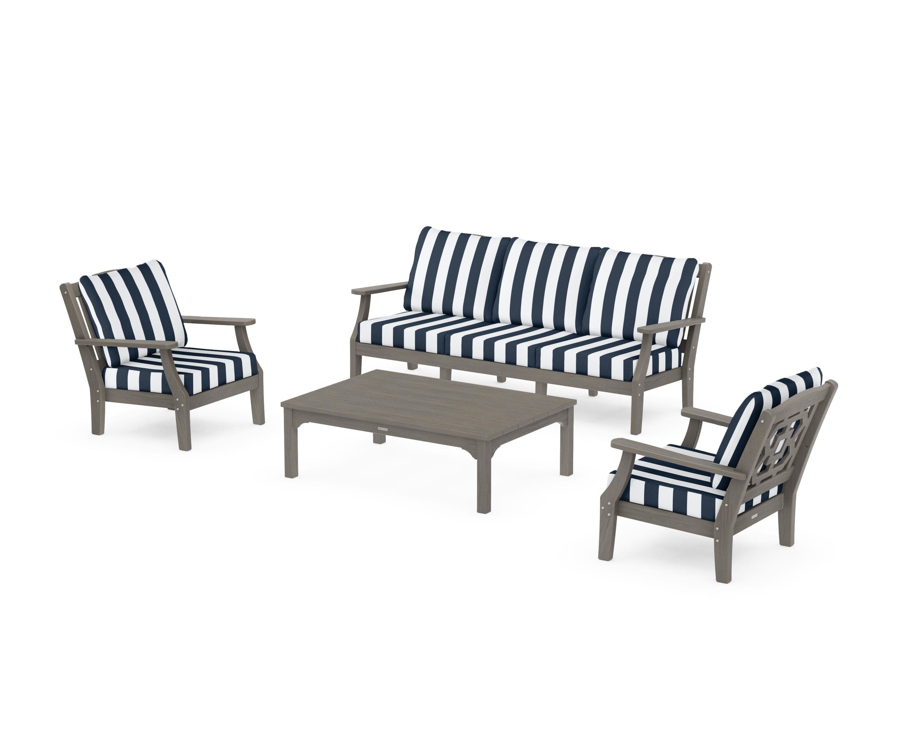 Chinoiserie 4-Piece Deep Seating Set with Sofa in Driftwood / Cabana Stripe Marine Indigo