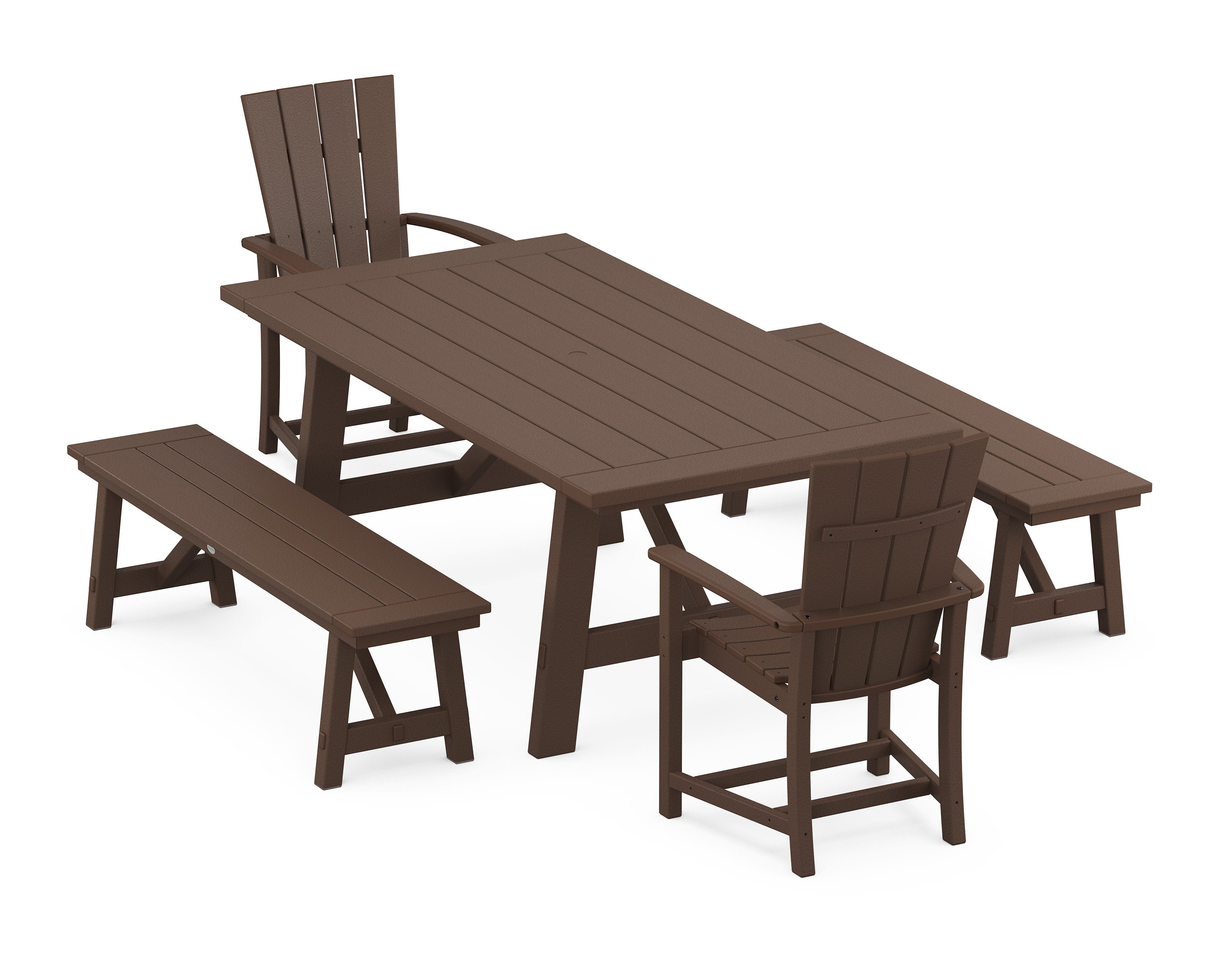 Quattro 5-Piece Rustic Farmhouse Dining Set With Benches in Mahogany
