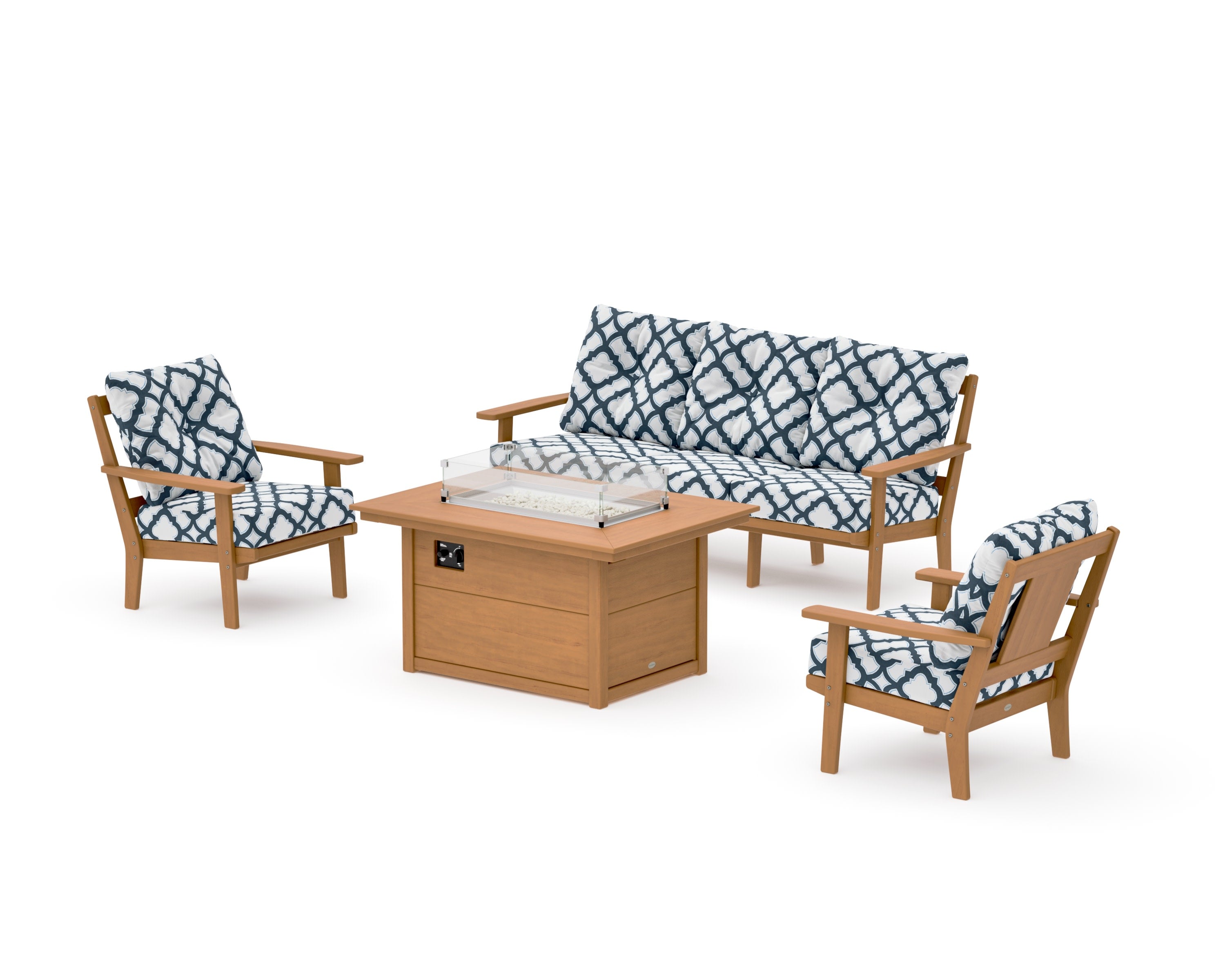 Prairie Deep Seating Fire Pit Table Set in Natural / Trellis Marine Indigo