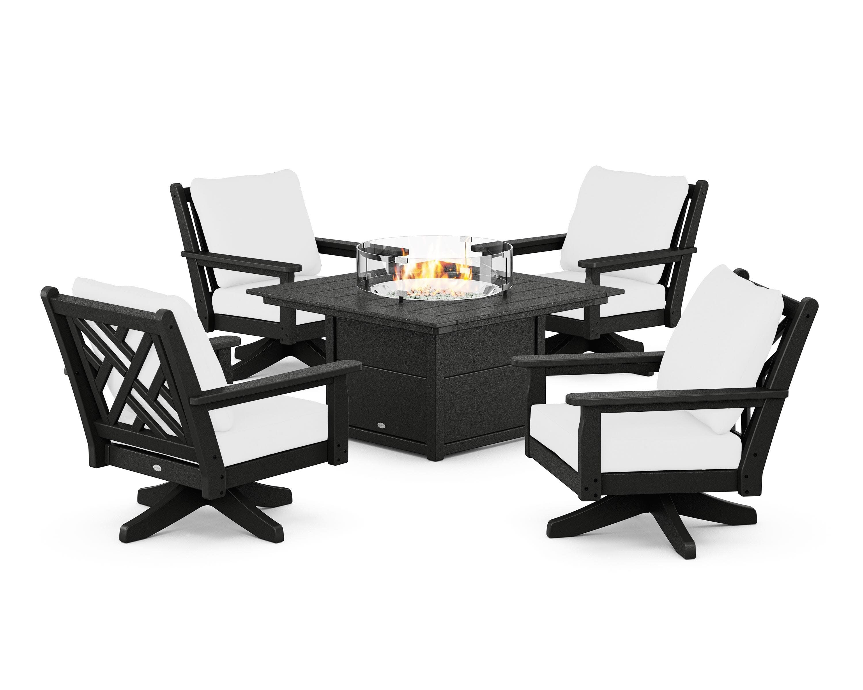 Chippendale 5-Piece Deep Seating Swivel Conversation Set with Fire Pit Table in Black / Natural