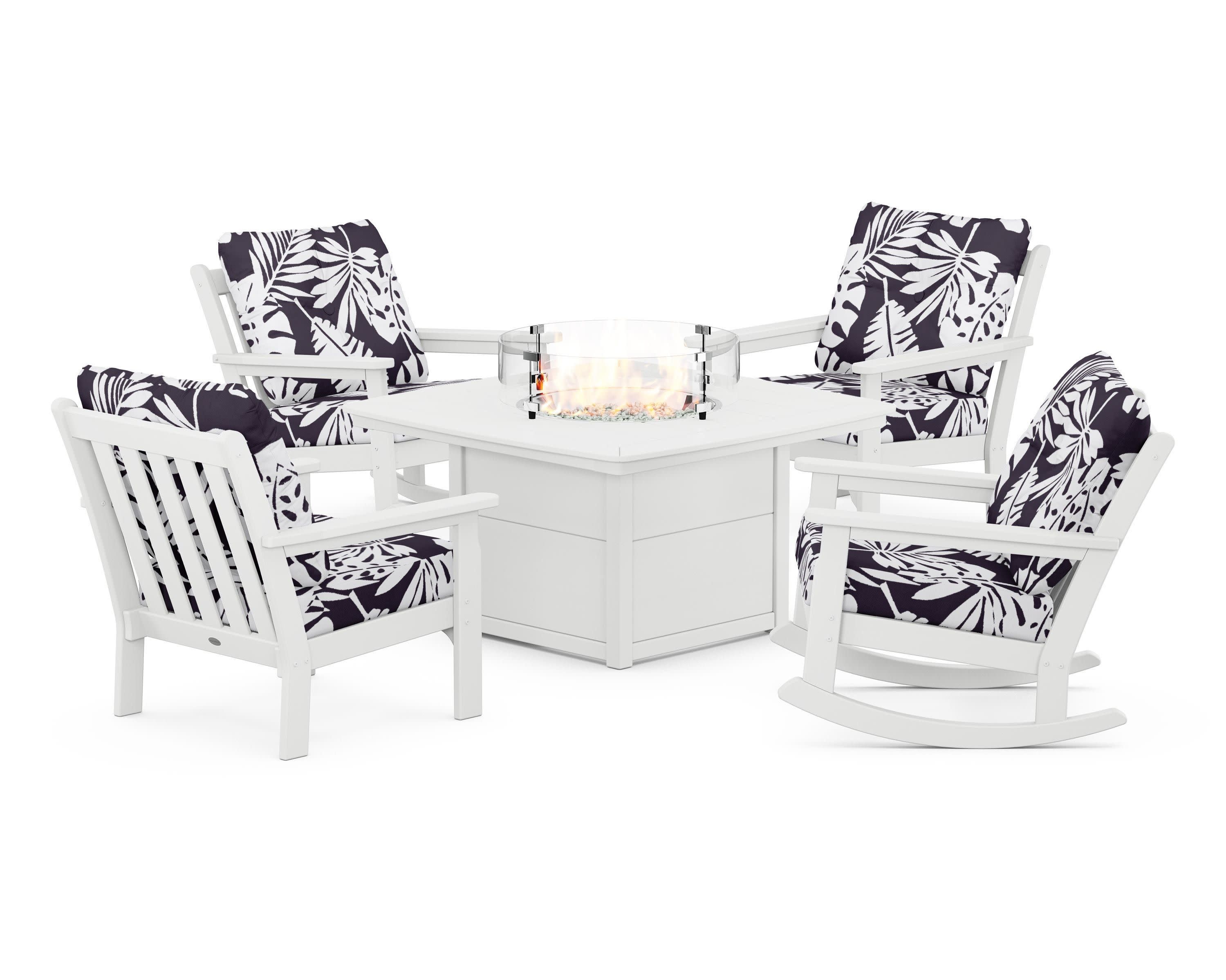 Vineyard 5-Piece Deep Seating Rocking Chair Conversation Set with Fire Pit Table in White / Leaf Navy