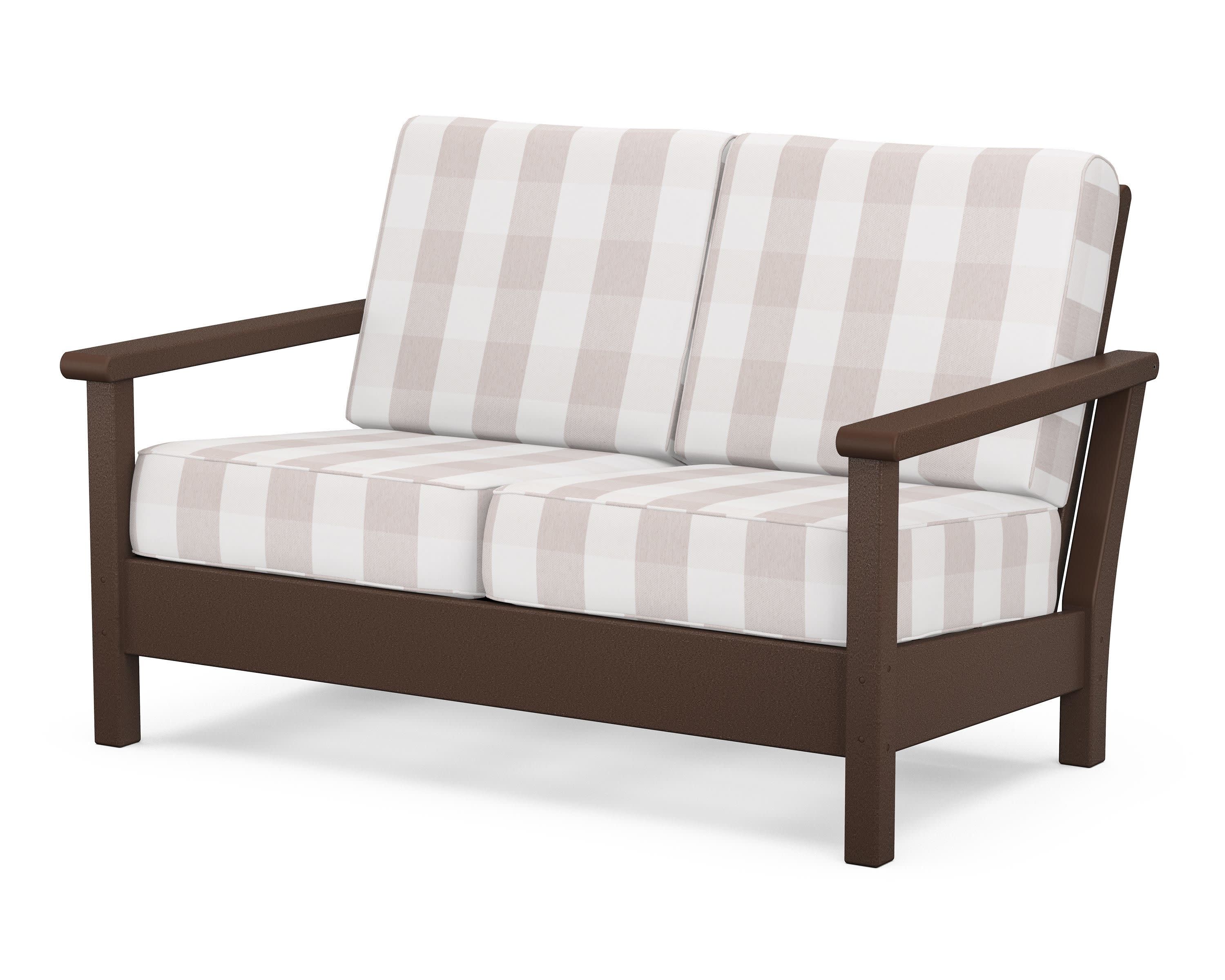 Harbour Deep Seating Loveseat in Mahogany / Buffalo Plaid Dune Burlap