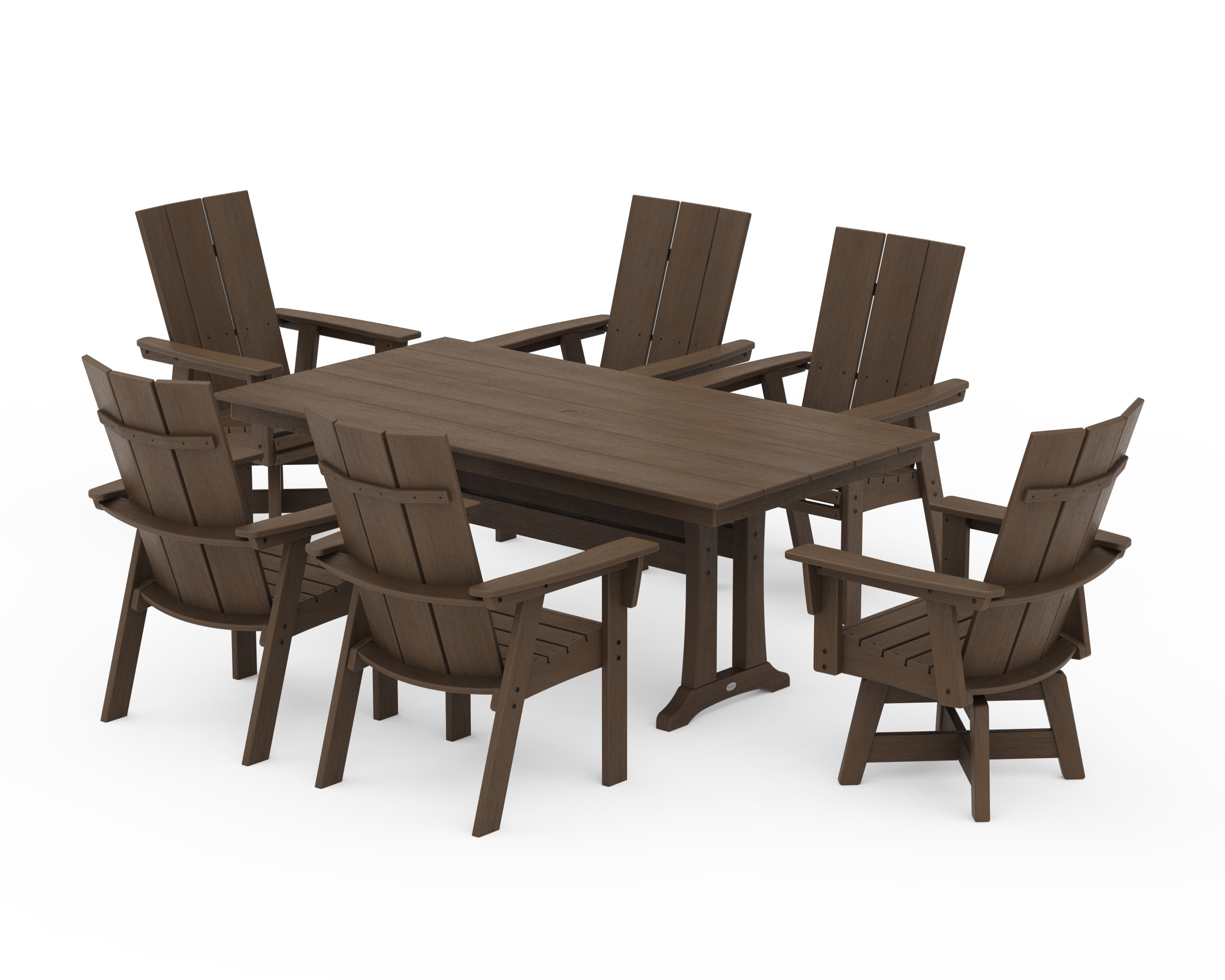 Modern Curveback Adirondack Swivel Chair 7-Piece Farmhouse Dining Set With Trestle Legs in Kona