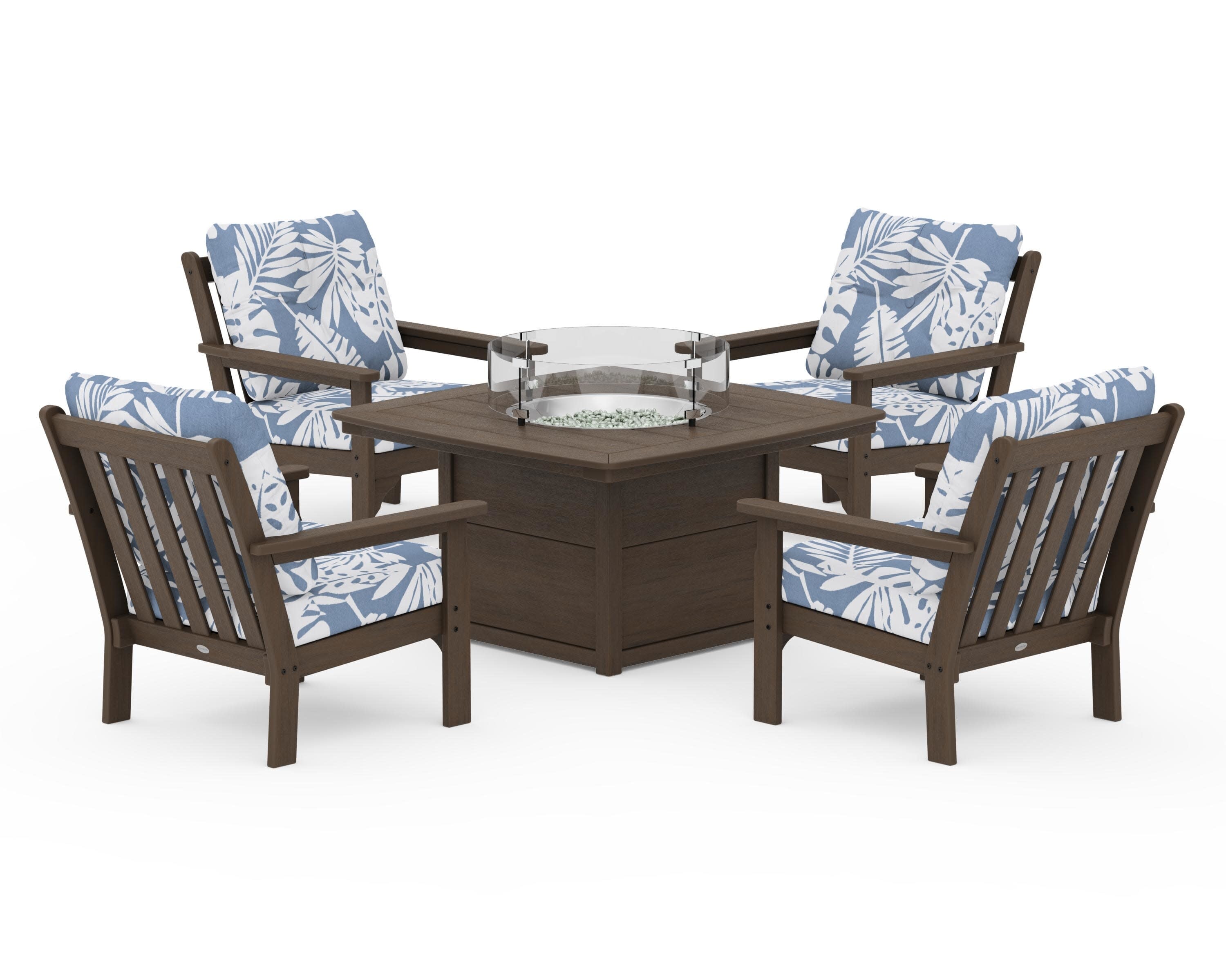 Vineyard 5-Piece Conversation Set with Fire Pit Table in Kona / Leaf Sky Blue