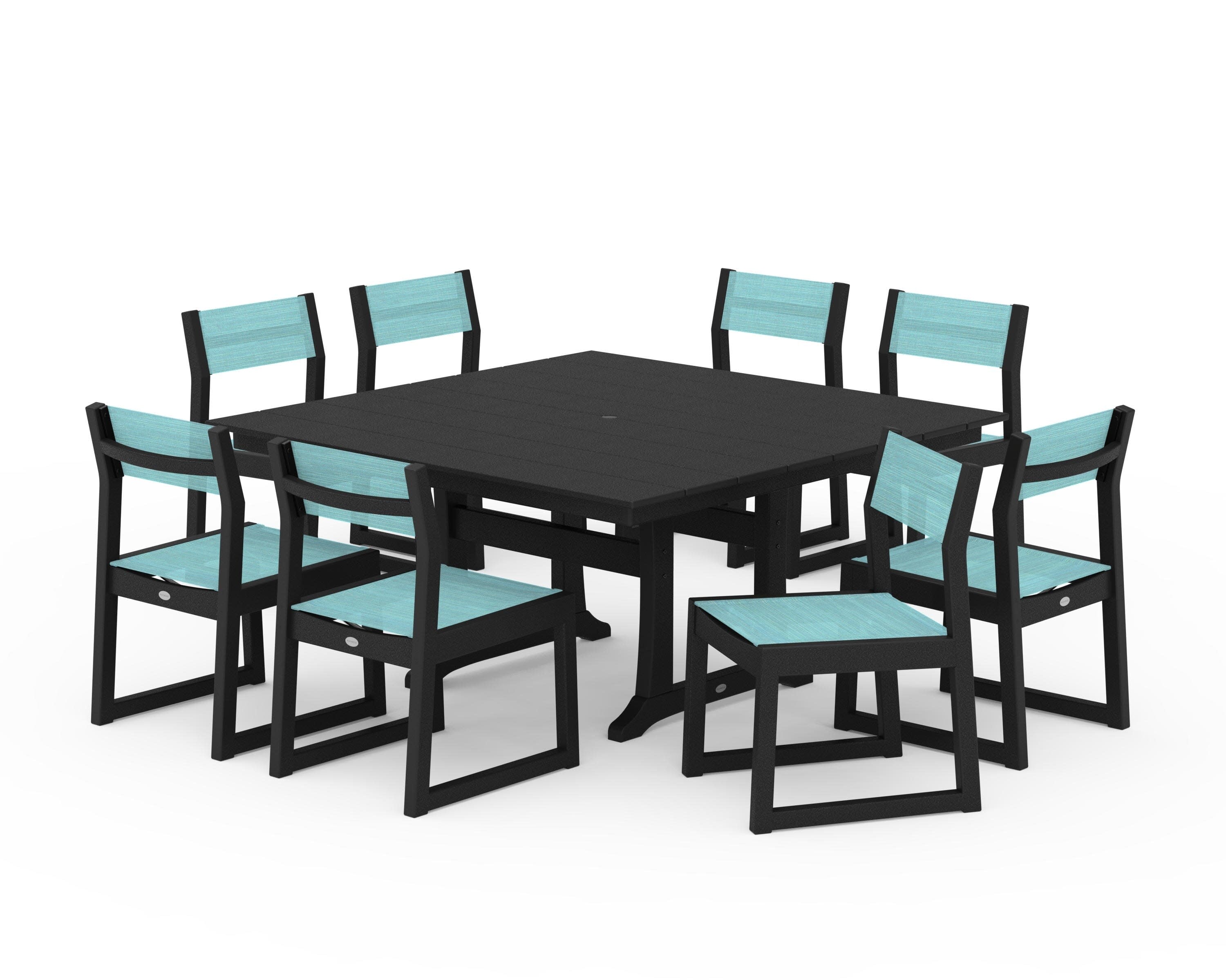 EDGE Sling Side Chair 9-Piece Farmhouse Trestle Dining Set in Black / Dupioni Aquamarine Sling