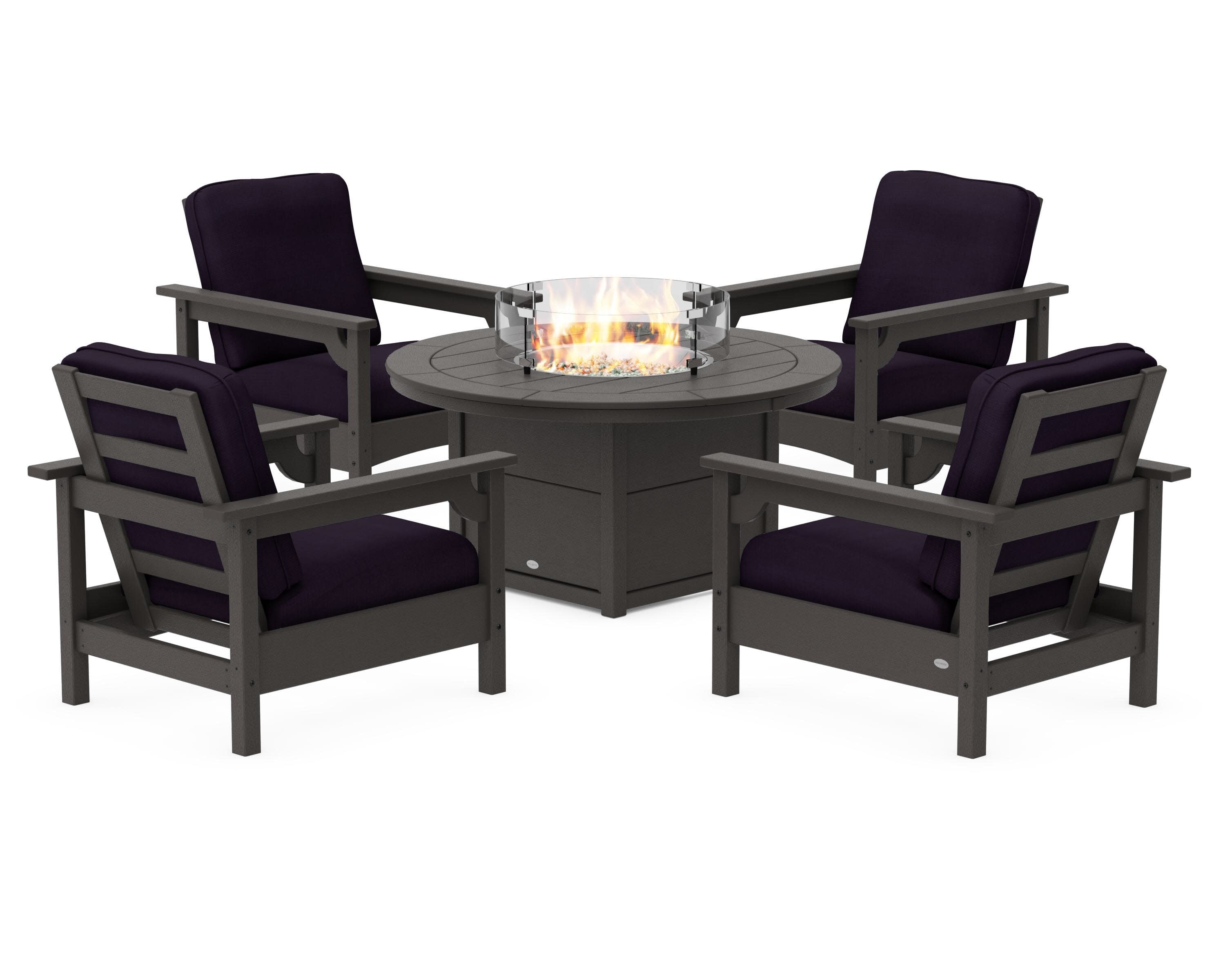 Club 5-Piece Conversation Set with Fire Pit Table in Vintage Coffee / Navy Linen