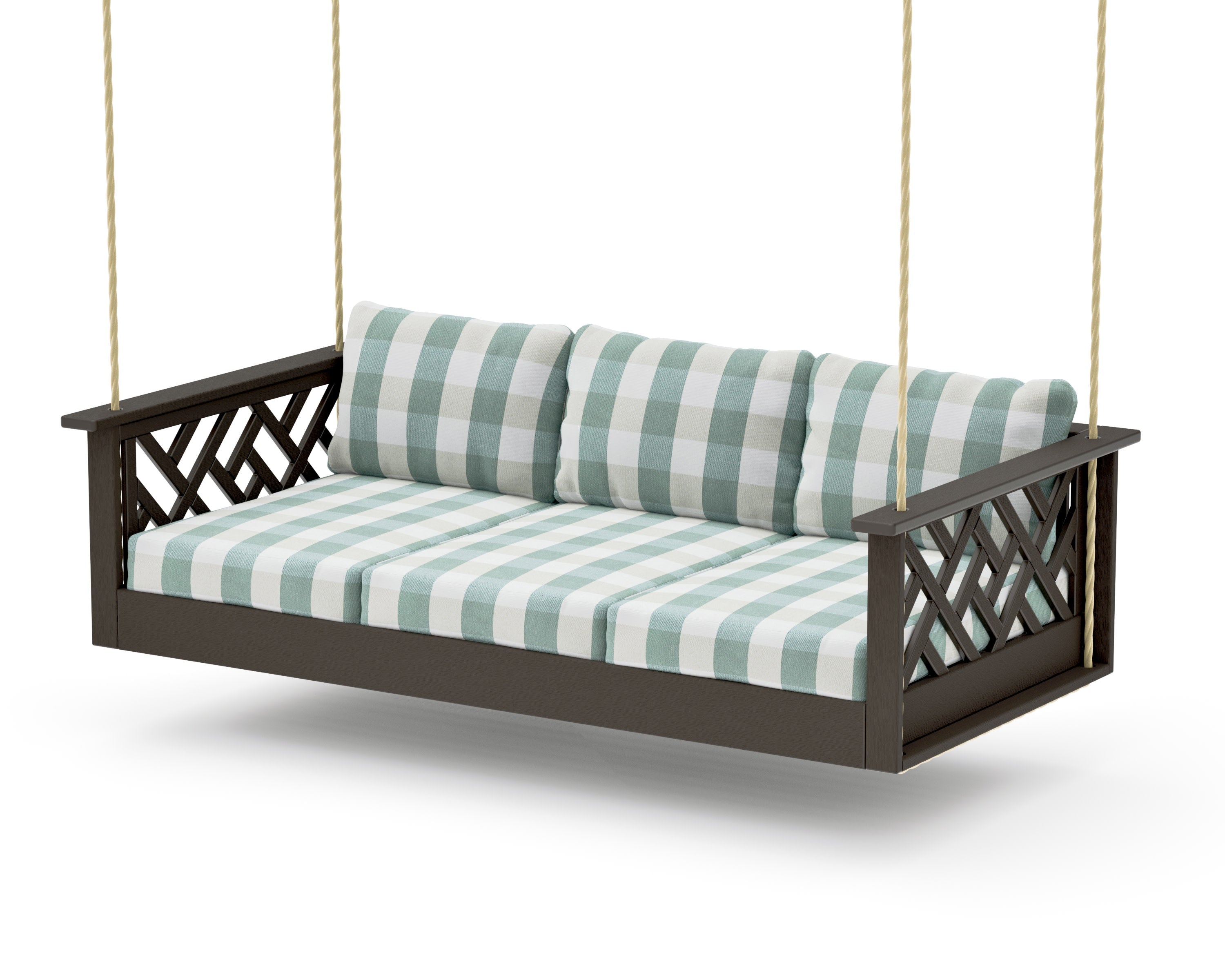 Chippendale Daybed Swing in Vintage Coffee / Buffalo Plaid Glacier Spa