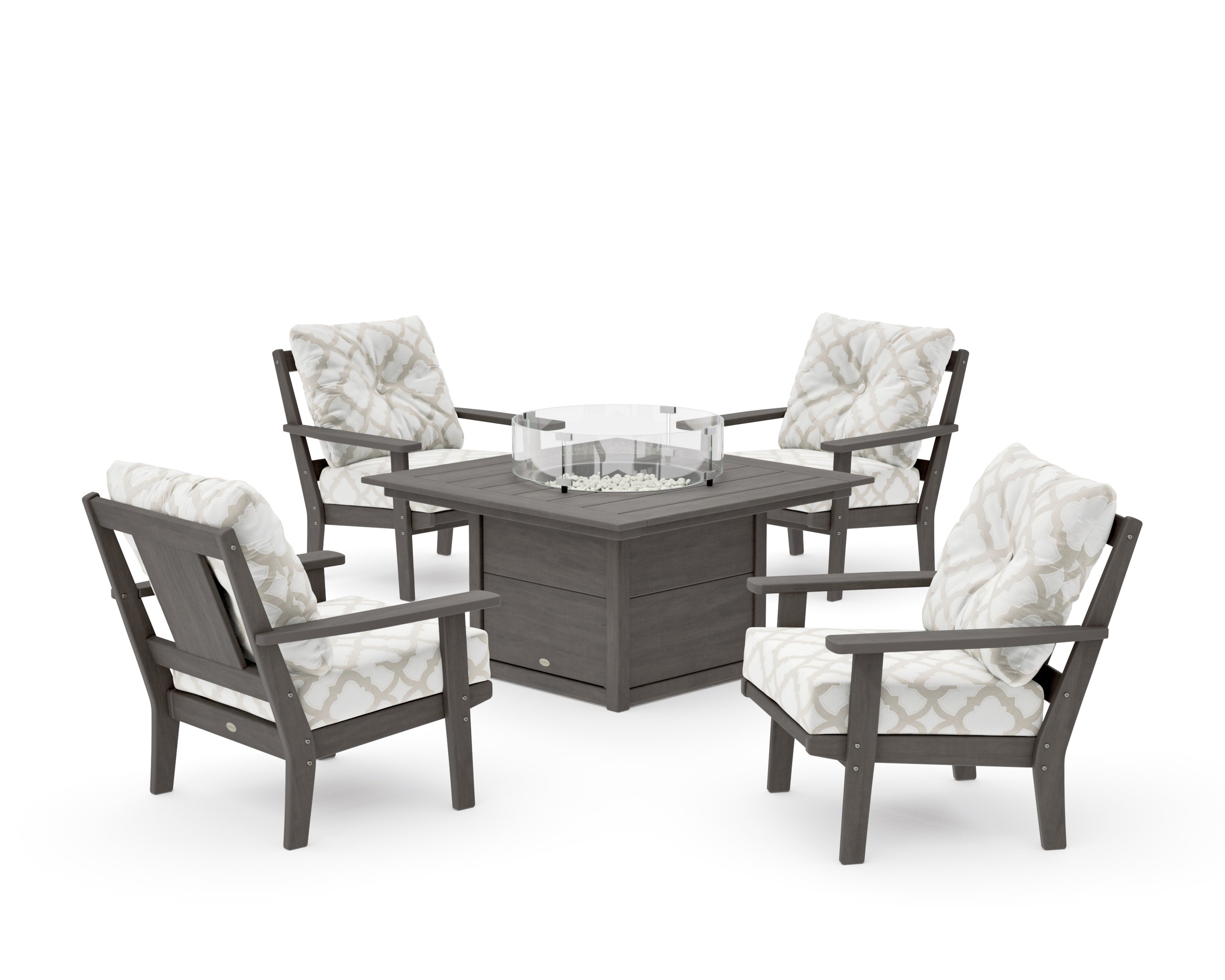 Prairie 5-Piece Deep Seating Set with Fire Pit Table in Driftwood / Trellis Dune Burlap