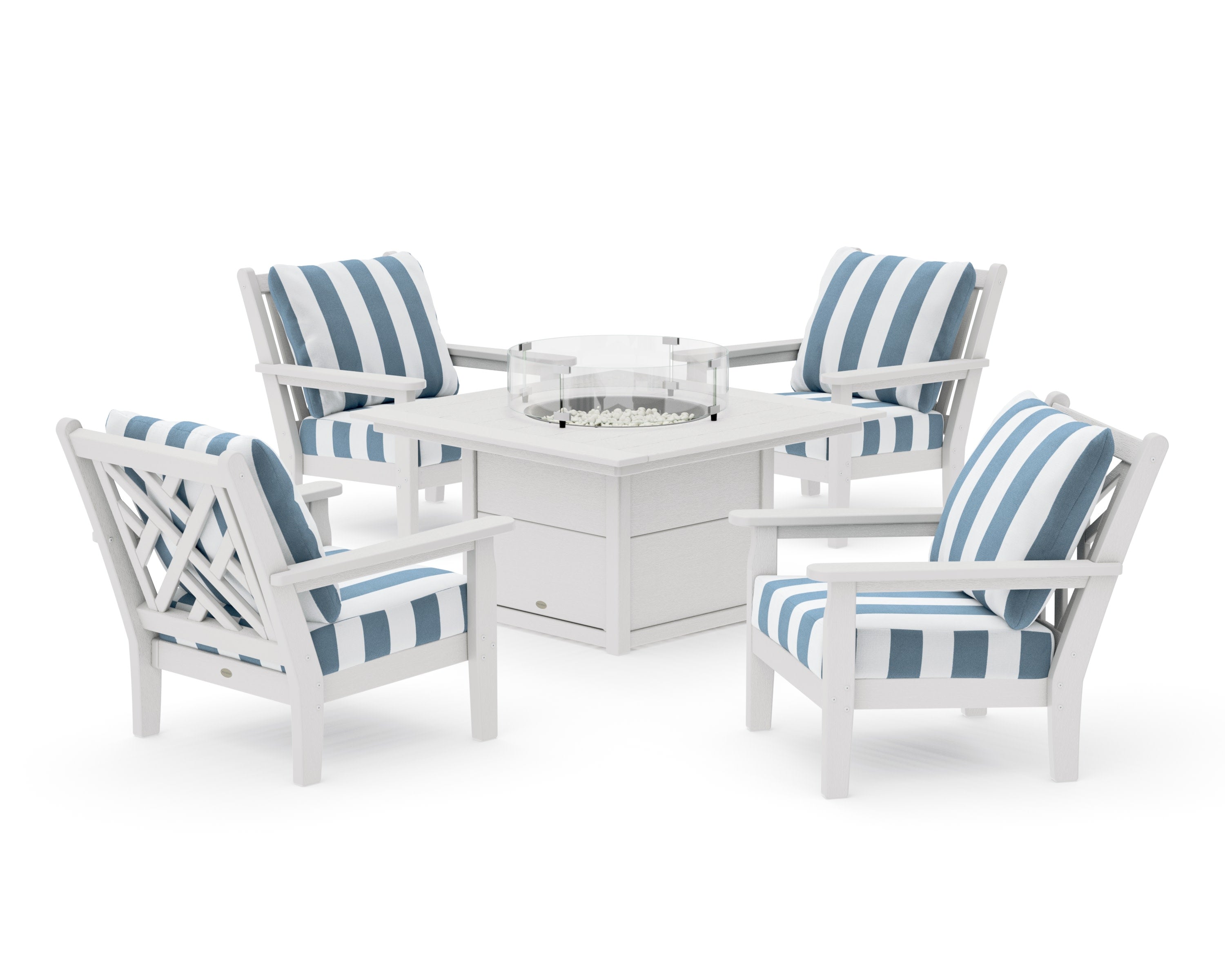 Chippendale 5-Piece Deep Seating Set with Fire Pit Table in Vintage White / Cabana Stripe Sky Blue
