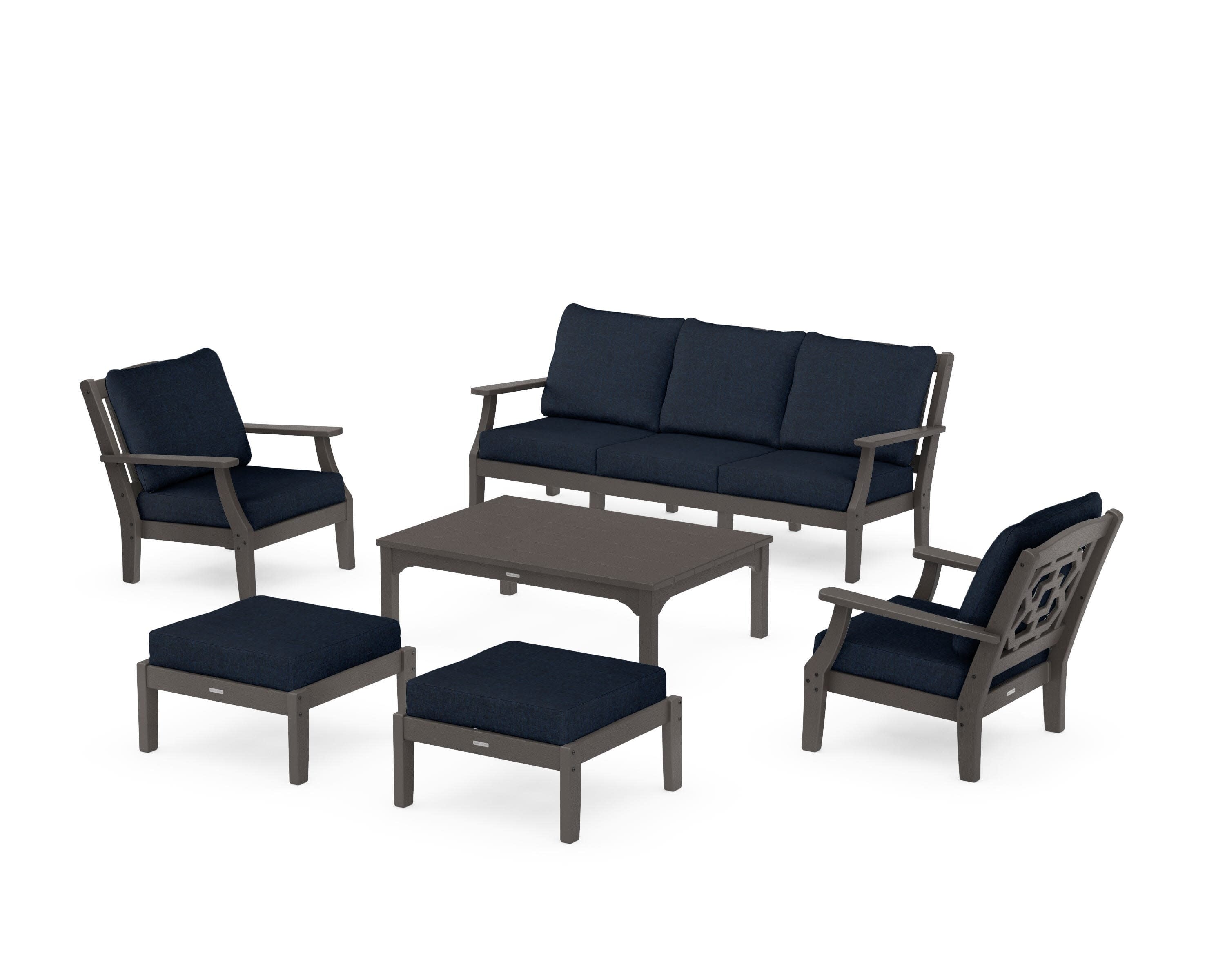 Chinoiserie 6-Piece Lounge Sofa Set in Vintage Coffee / Marine Indigo