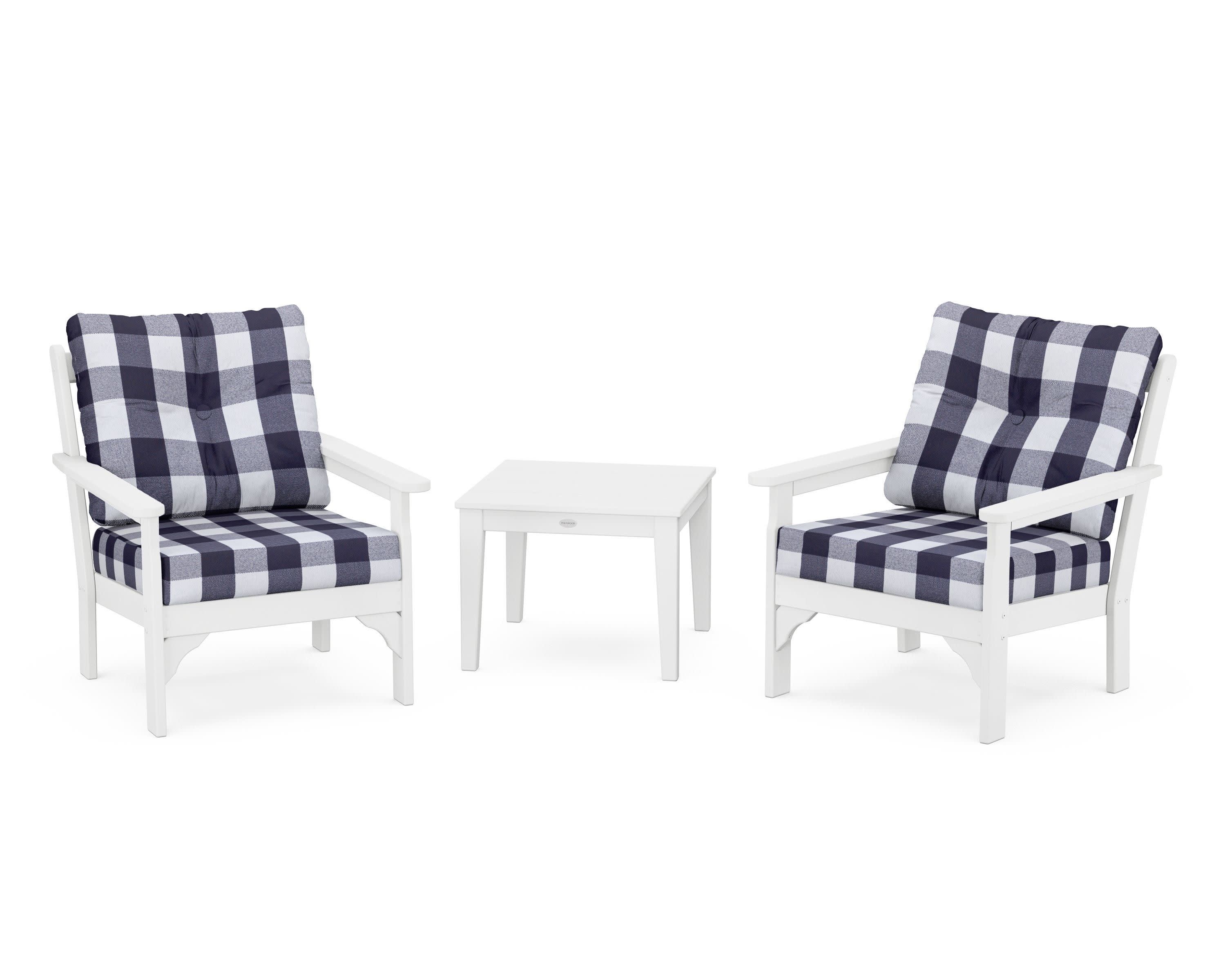 Vineyard 3-Piece Deep Seating Set in White / Buffalo Plaid Navy